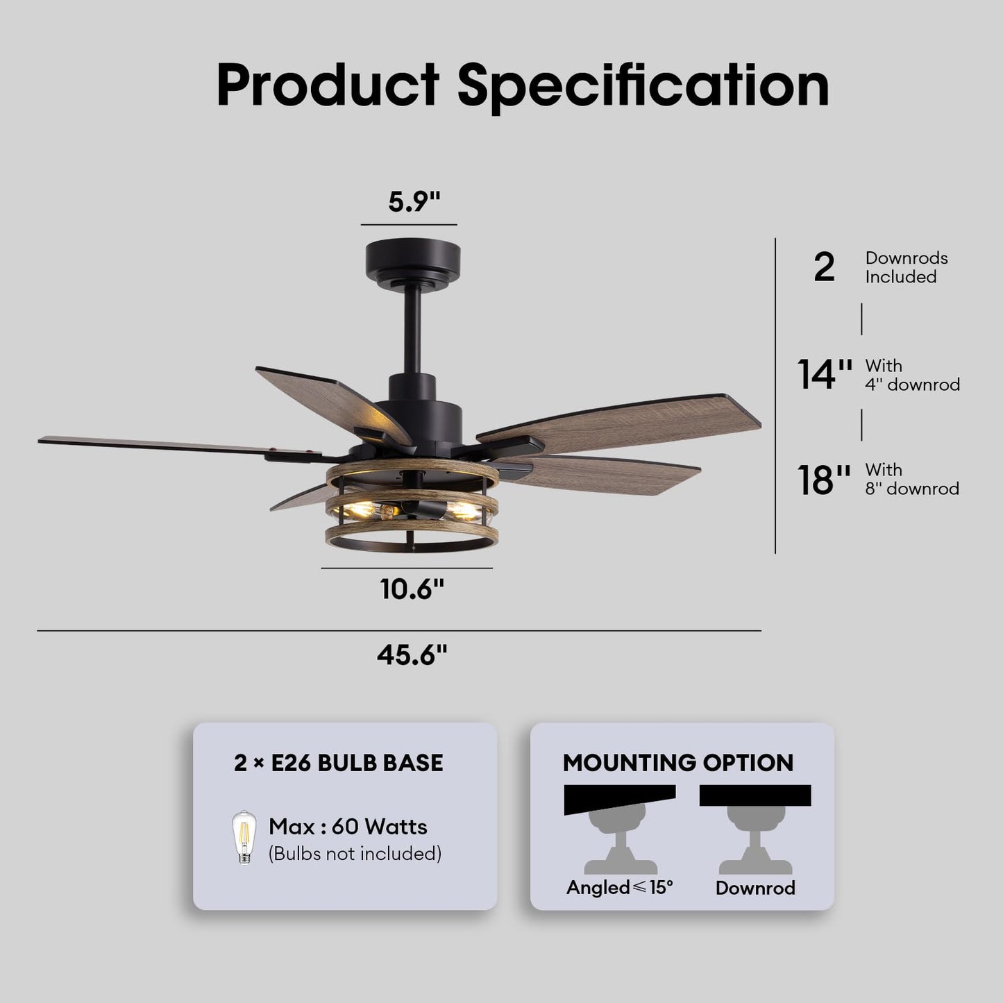 46 Inch Ceiling Fans with Lights and Remote Control, Farmhouse Ceiling Fan for Bedroom Living Room and Patio, Black Caged Ceiling Fan for Indoor and Outdoor