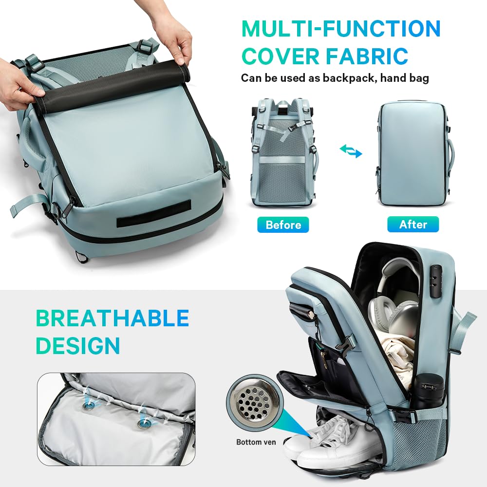 FUTURE AESTHEICS Travel backpack Carry-on Travel Backpack For Women Men Flight Approved Business Weekender Overnight Waterproof Daypack (Light Blue)