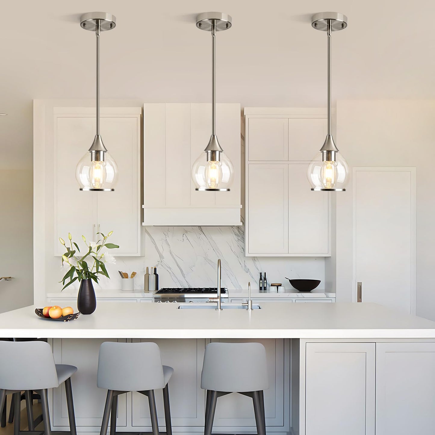 Zoaklighen 1-Piece Brushed Nickel Island Light for Kitchen, 1-Light Brushed Nickel Hanging Pendant Light with Clear Round Glass Shade for Dining Room,Bedroom