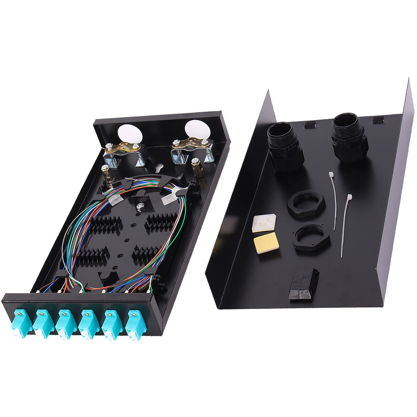 GESD LC-MM 6Port OM3 Box Cables 12 Port Wall Mount Fiber Enclosure with Spool OM3 Multimode LC-UPC Kit (Includes 1 Meter 12 Strand LC-UPC OM3 Pigtail and 6 Port Duplex OM3 LGX Loaded Panel, Black