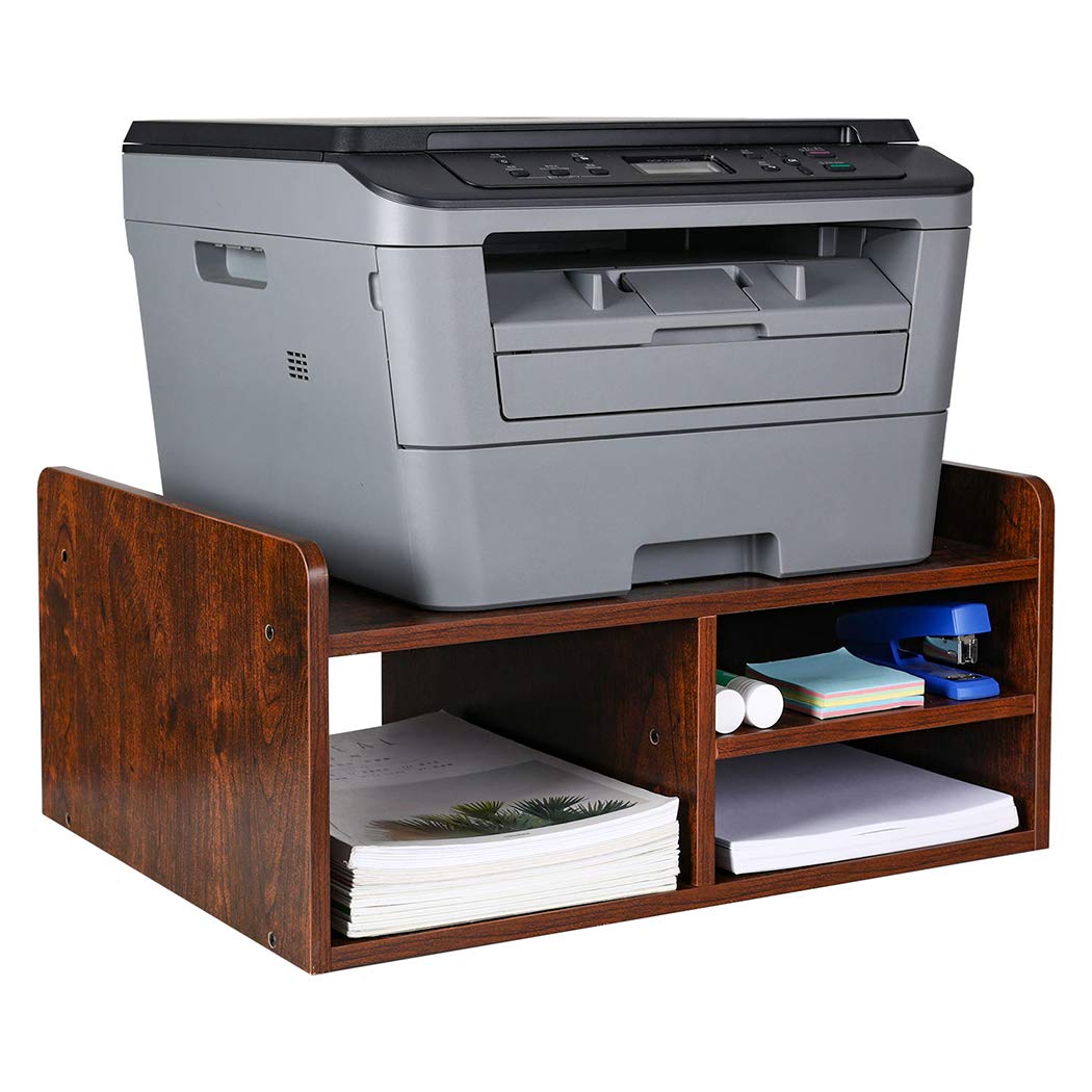 PAG Desktop Printer Stand with Storage, Paper Storage Holder Rack for Desk, Wooden Printer Organization for Home/Office, Retro Brown