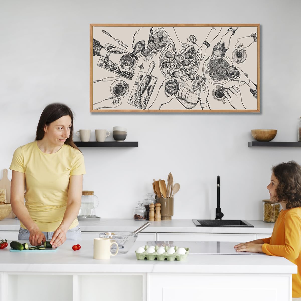 BINCUE Large Framed Wall Art Food and Drink Canvas Wall Decor Pizza Cheers Sketch Painting Retro Canvas Wall Art for Kitchen Dining Room Restaurant Used for Gatherings Decor