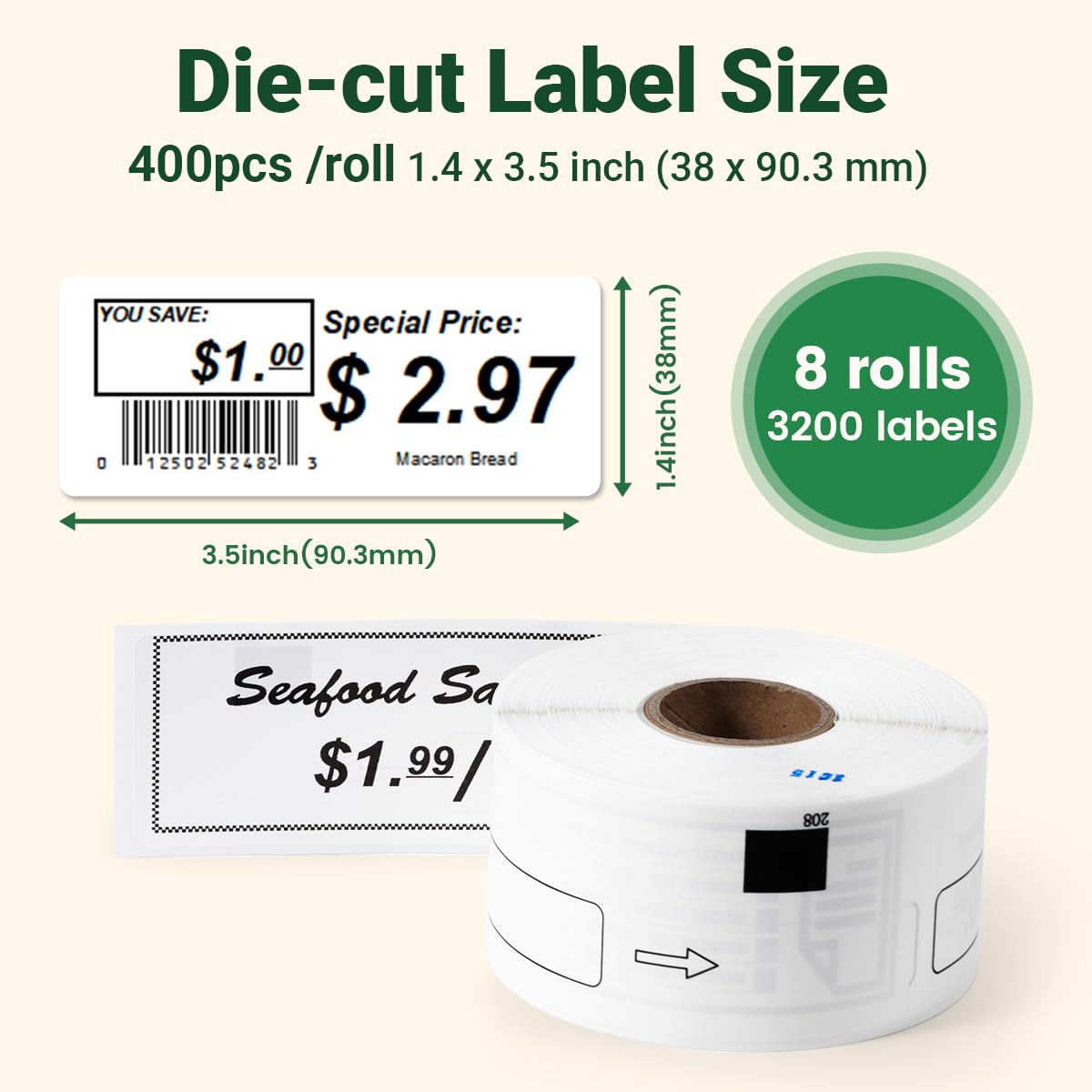 Compatible with Brother QL-800 Label DK-1208(1.4 in x 3.5 in, 400/roll) Large White Paper Address Die-Cut Label Work with QL-700 QL-600 Printers (8 Rolls + 1 Frame)