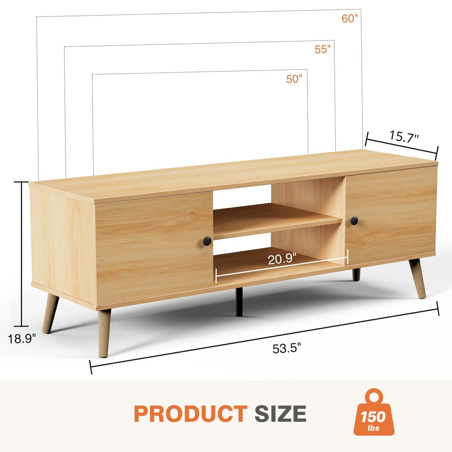 Sweetcrispy TV Stand for 55 60 inch TV, Modern Mid Century Entertainment Center with Storage, Media Console Table 2 Cabinet, Soft Hinge, Handle Door, Wooden Living Room, Office Furniture, Oak