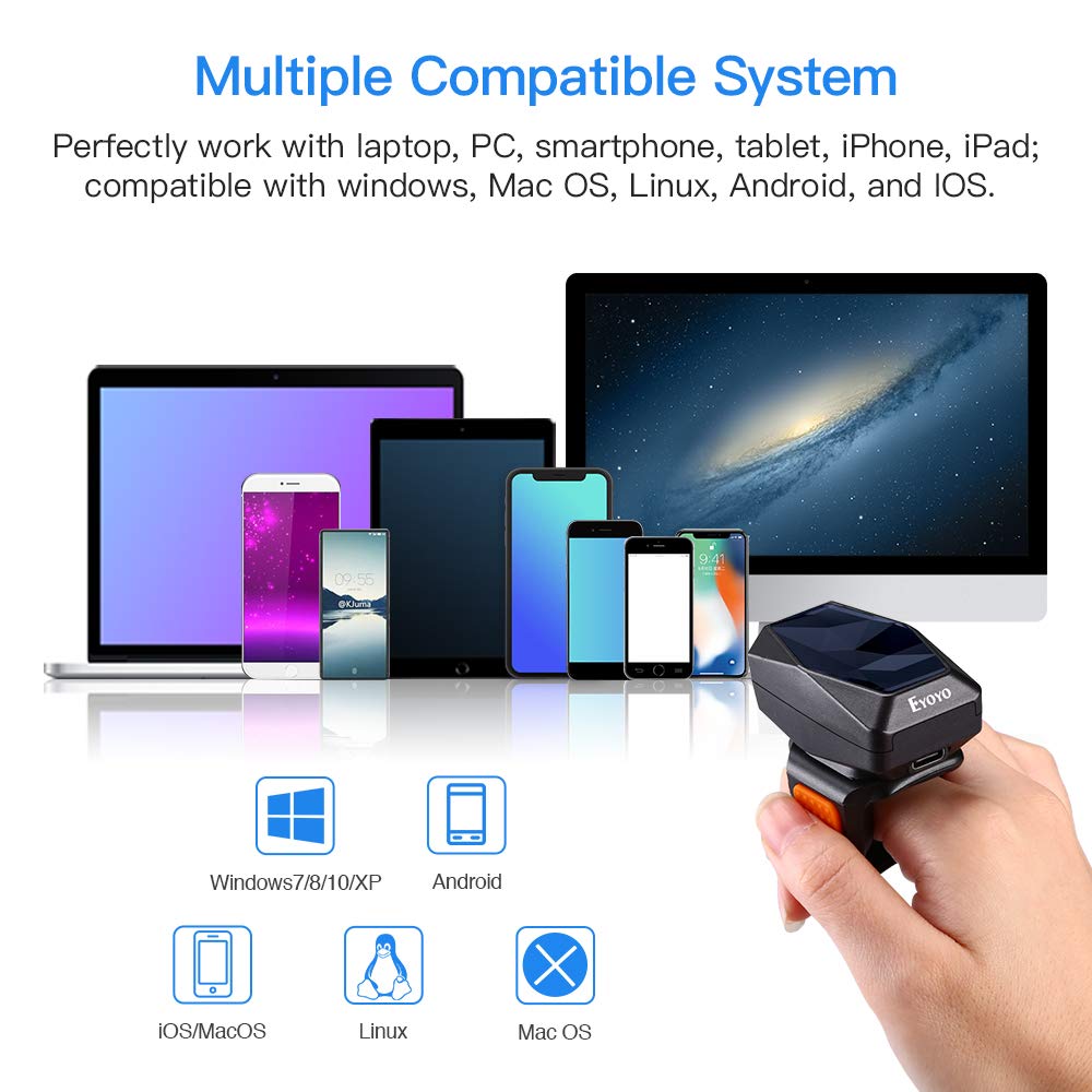 Eyoyo 2D Finger Ring Barcode Scanner, Mini Wearable 3-in-1 USB Wired & 2.4G Wireless & Bluetooth Scanner, Image 1D QR Bar Code Reader PDF417 Data Matrix Screen Scan Compatible with iPad, Phone, PC
