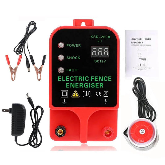 10KM 2J Portable Electric Fence Energizer, Waterproof Fence Charger for Livestock Cattle Horse, AC or Battery Powered, Alarm Function