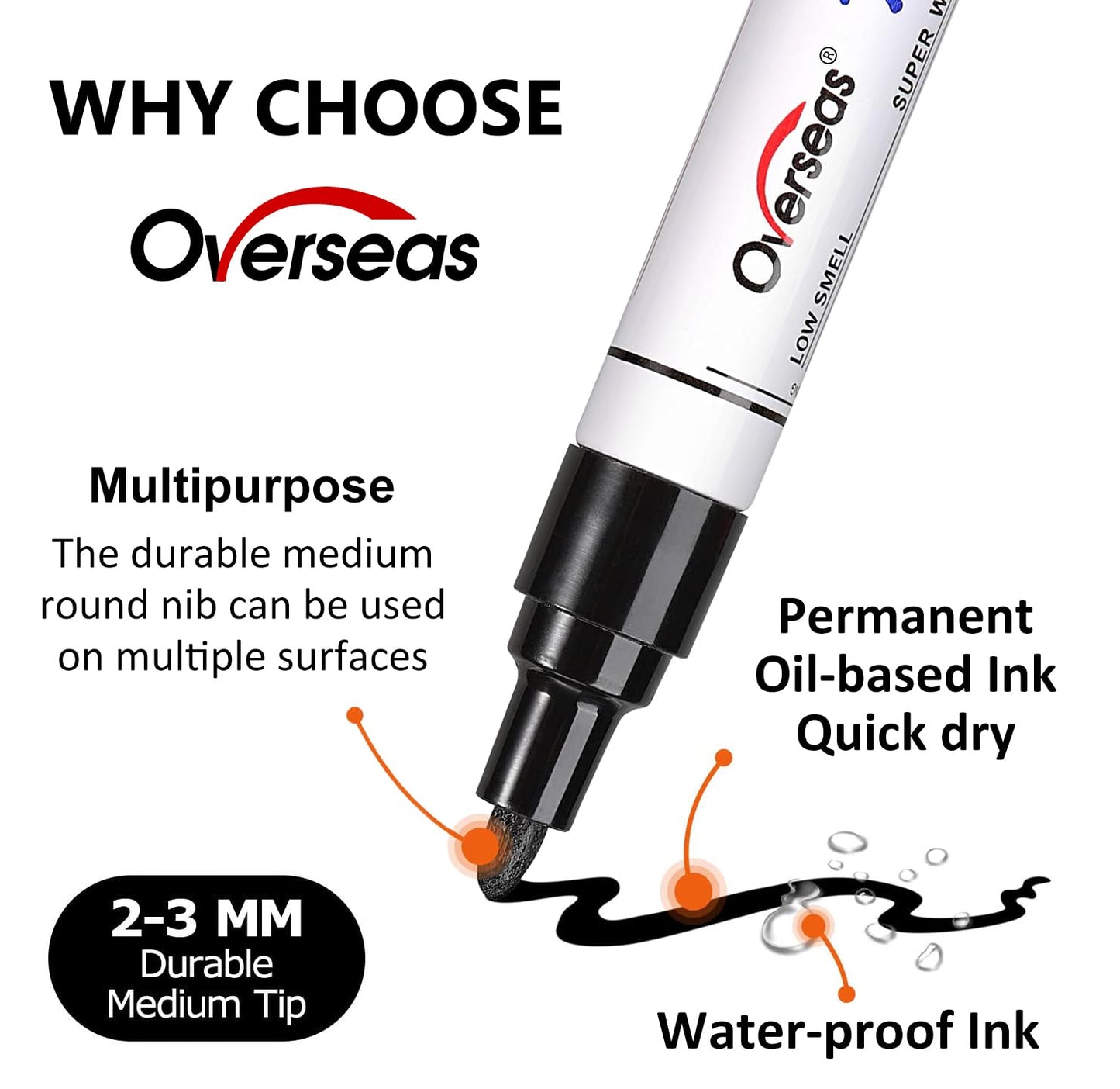 Overseas 48 White Paint Pens, Oil Based Permanent Markers Set - Quick Drying, Waterproof, Fade-Resistant, Medium Tip Paint Markers Bulk for Wood, Metal, Rock, Ceramic, Plastic, Canvas, Glass, Rubber