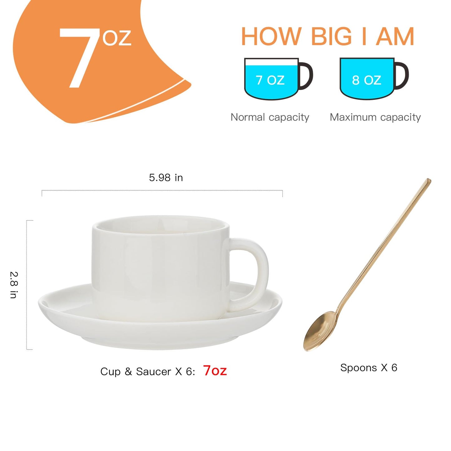 CHILDIKE 7 oz Coffee Cups with Saucers Spoons - Set of 6 Cappuccino Cups, White Porcelain Cups Serving for Tea Espresso Latte Mocha