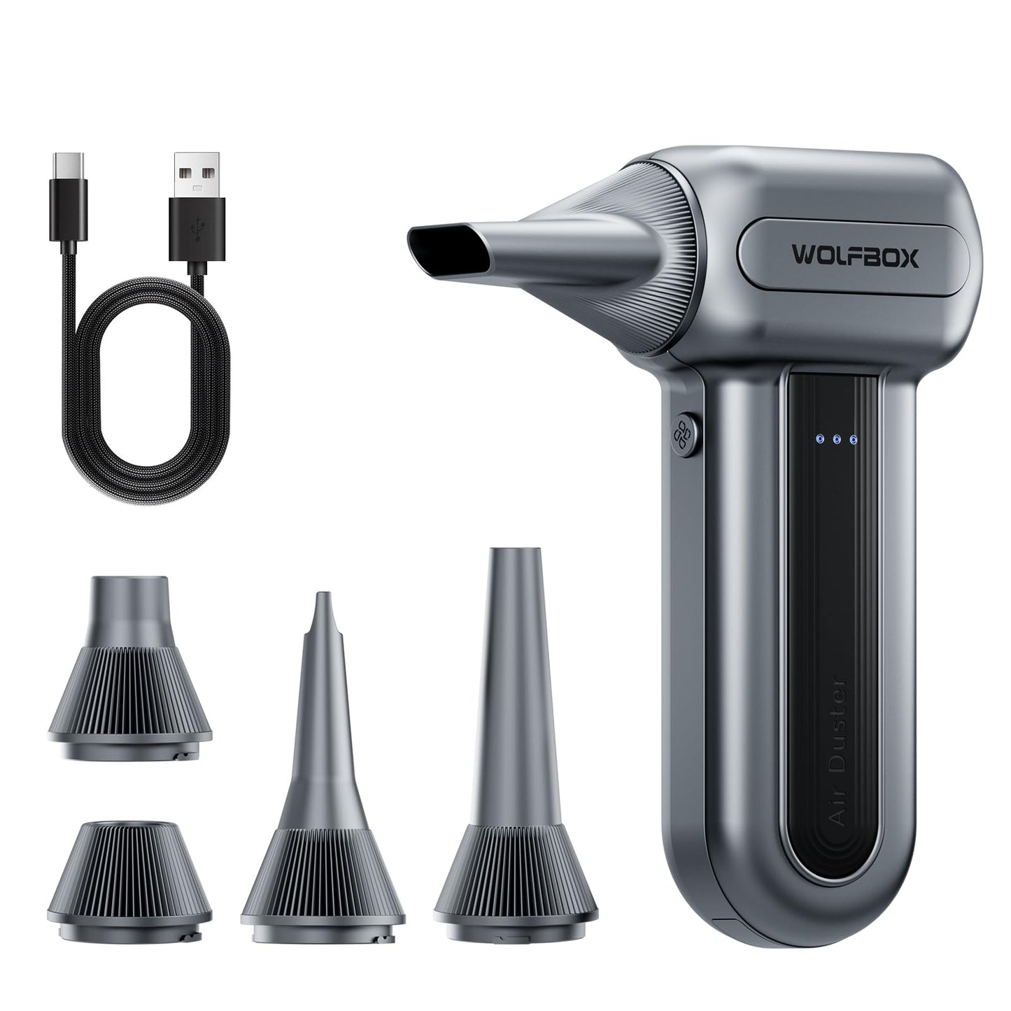 WOLFBOX MF60&MF70 Compressed Air Duster-110000RPM Super Power Electric Air Duster, 3-Speed Adjustable Rechargeable Cordless Air Blower with Fast Charging for PC Keyboard Cleaning, Car, Home (Gray)