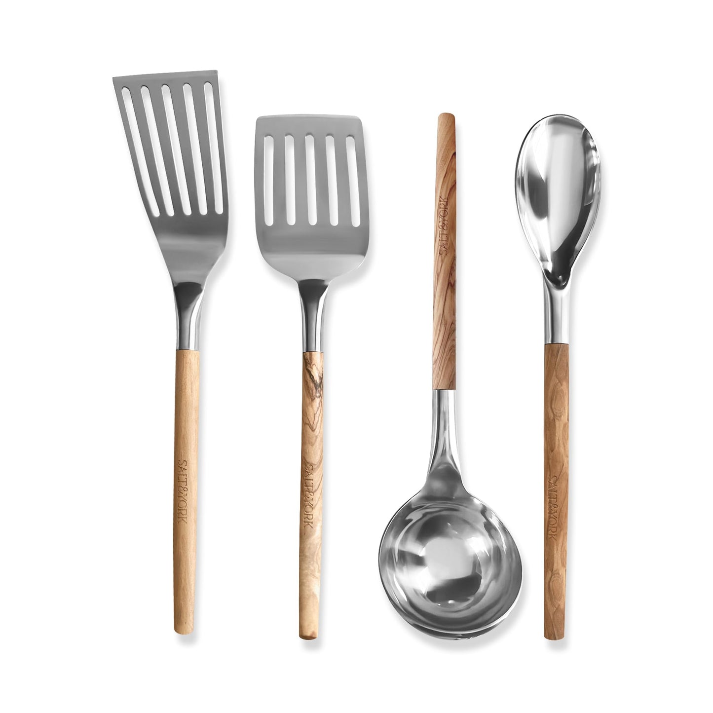 Premium Cooking Utensil Set – Salt & York 4-Piece Olive Wood and Stainless Steel Non-toxic Kitchen Tools with Handcrafted Wooden Handles – Spatula, Ladle, Spoon – Gift for Home Cooks, Kitchen Gift