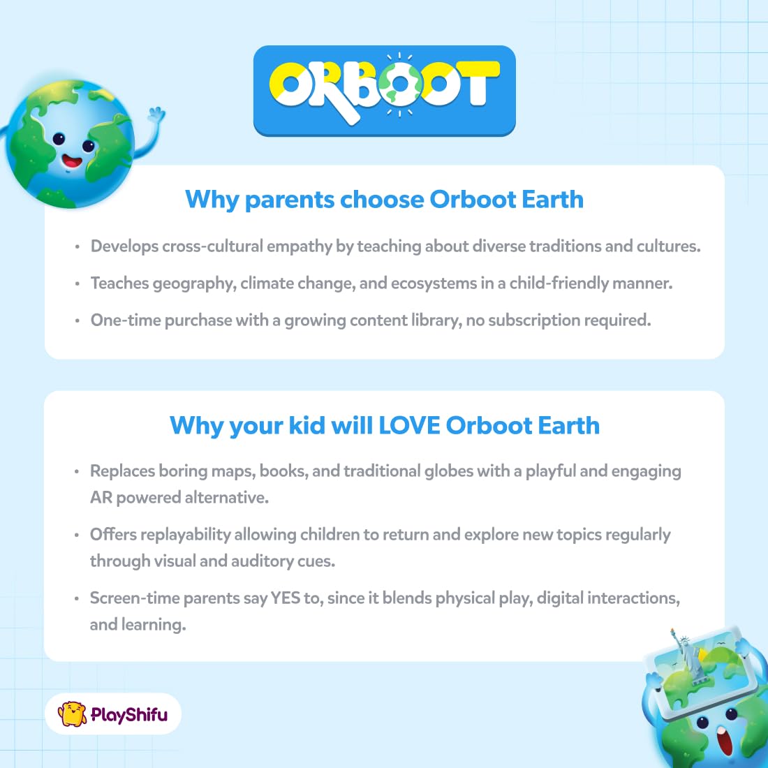 PlayShifu Globe for Children – Orboot Earth: Interactive Kids Globe with 1000+ Facts on Animals, Places & Monuments | Tech-Powered Learning Toy & STEM Gift for Kids Ages 4–10