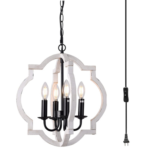 4-Light Plug in Chandelier with 16.4ft Cord,On/Off Switch,Orb Wood Farmhouse Hand-Painted Distressed White,Outdoor Chandelier for Gazebo,Kitchen Island Dinning Foyer Entryway