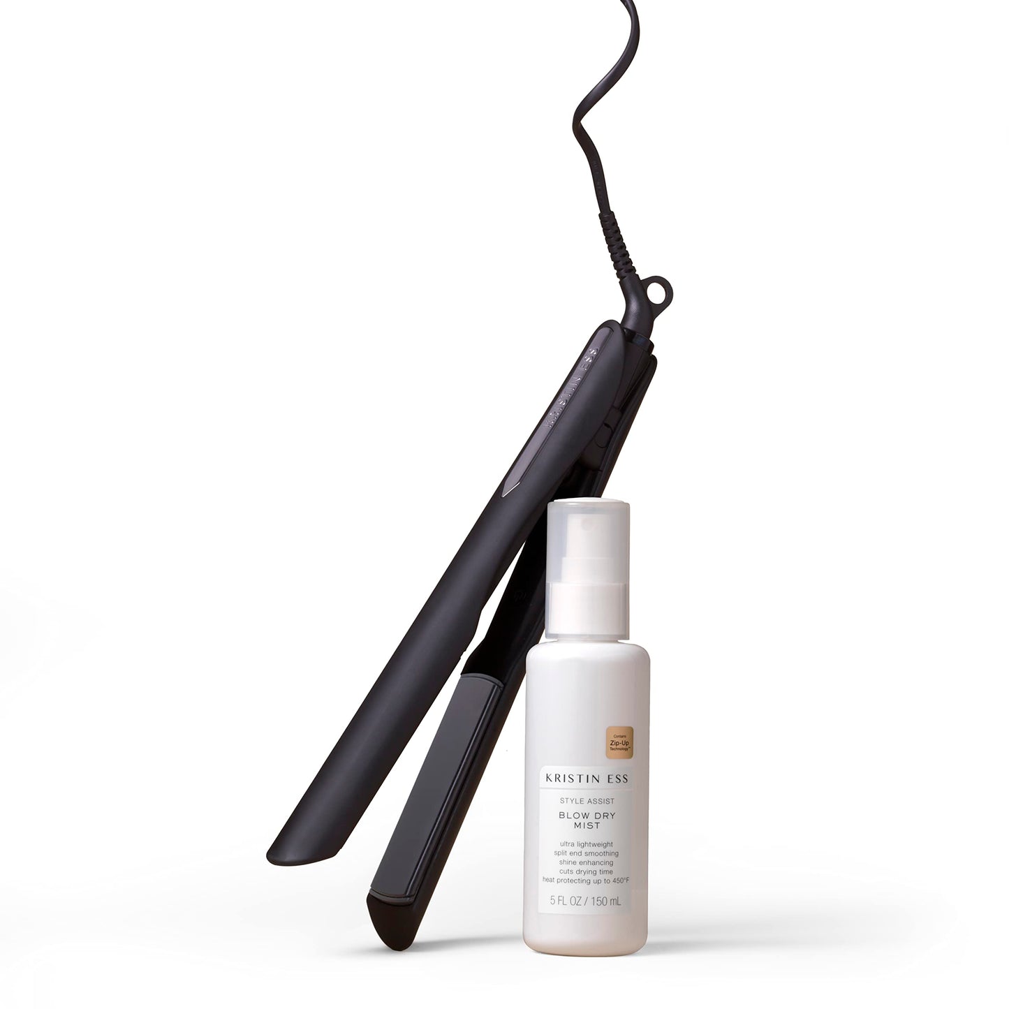Kristin Ess Hair Nanoblack 3-in-1 Curling Flat Iron Straightener + Style Assist Heat Protectant Spray - 1 1/4 Inch Salon Professional Ceramic Hot Tool - Hair Straightener + Curler 2 in 1 + Beach Waver
