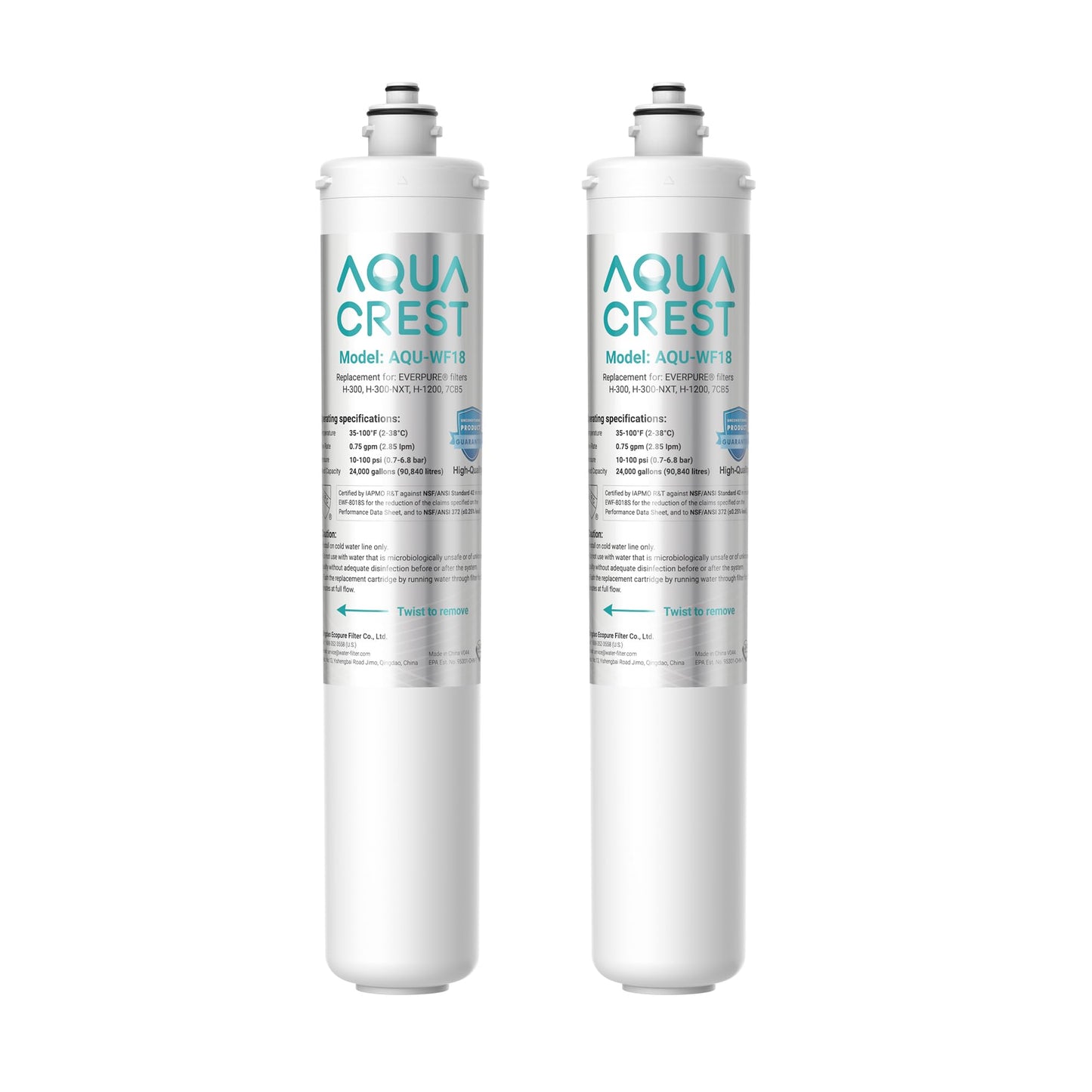 AQUACREST H-300 Under Sink Water Filter, NSF/ANSI 42 Certified, 24K Gallons, Replacement Cartridge for Everpure H-300, H-300-NXT, 7CB5, EV9270-71, EV9270-72, EV9618-11, EV9855-50, EV9282-01, Pack of 2