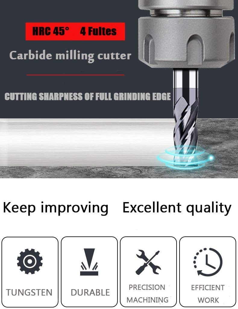 Home of quality tools 6pcs 1/2 inch 3/8 inch 5/16 inch 1/4 inch 3/16 inch 1/8 inch Carbide Square End Mill, HRC 45 Deg Single End 4 Flute AlTiN Coating Mill Bits (6pcs End Mill Set), Silver