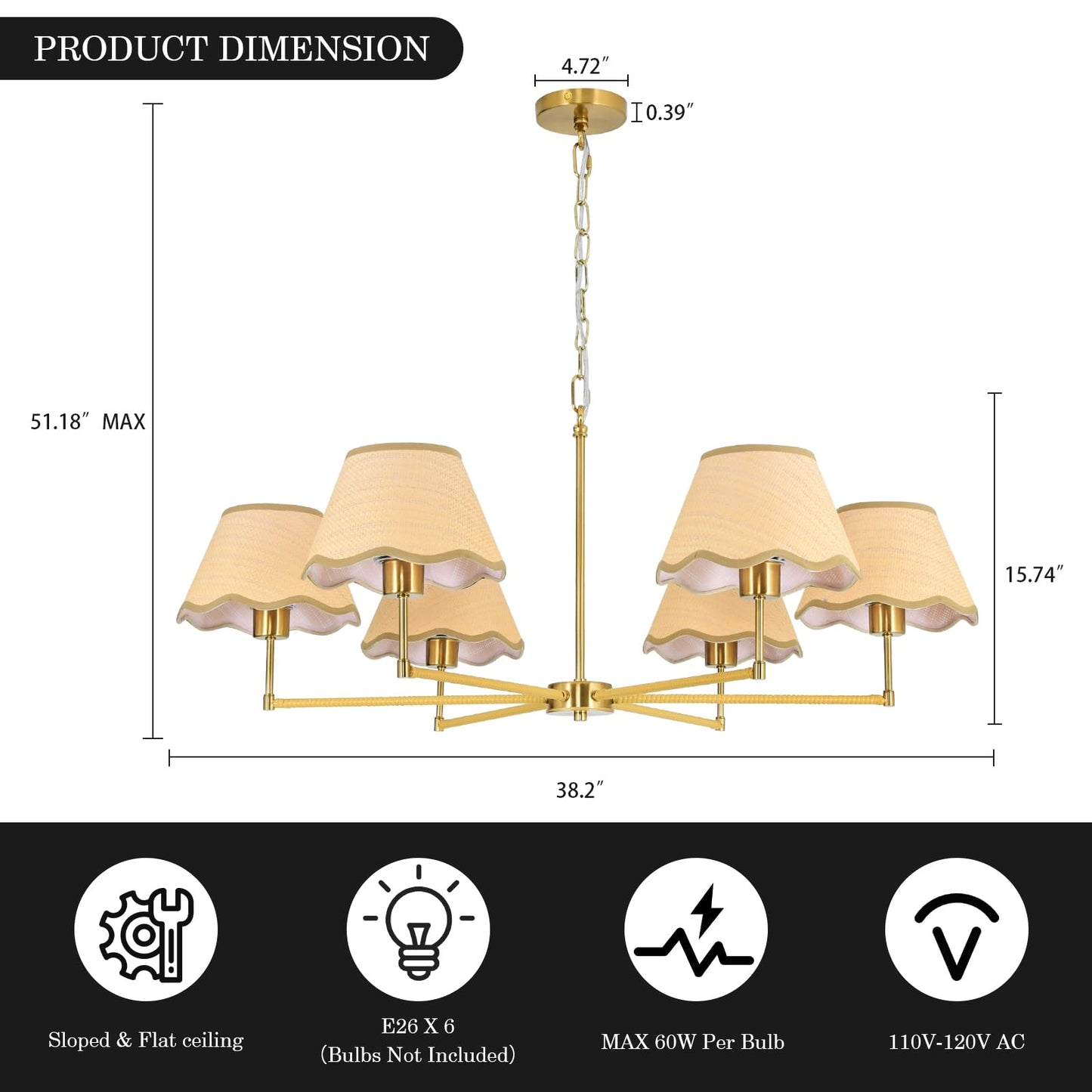 KUSSCO 6-Light Boho Rattan Chandelier 39″ Rattan Pendant Light with Hand-Woven Shade Adjustable Height Vintage Dining Room Chandelier for Kitchen Island Living Room Bedroom Foyer E26 Base