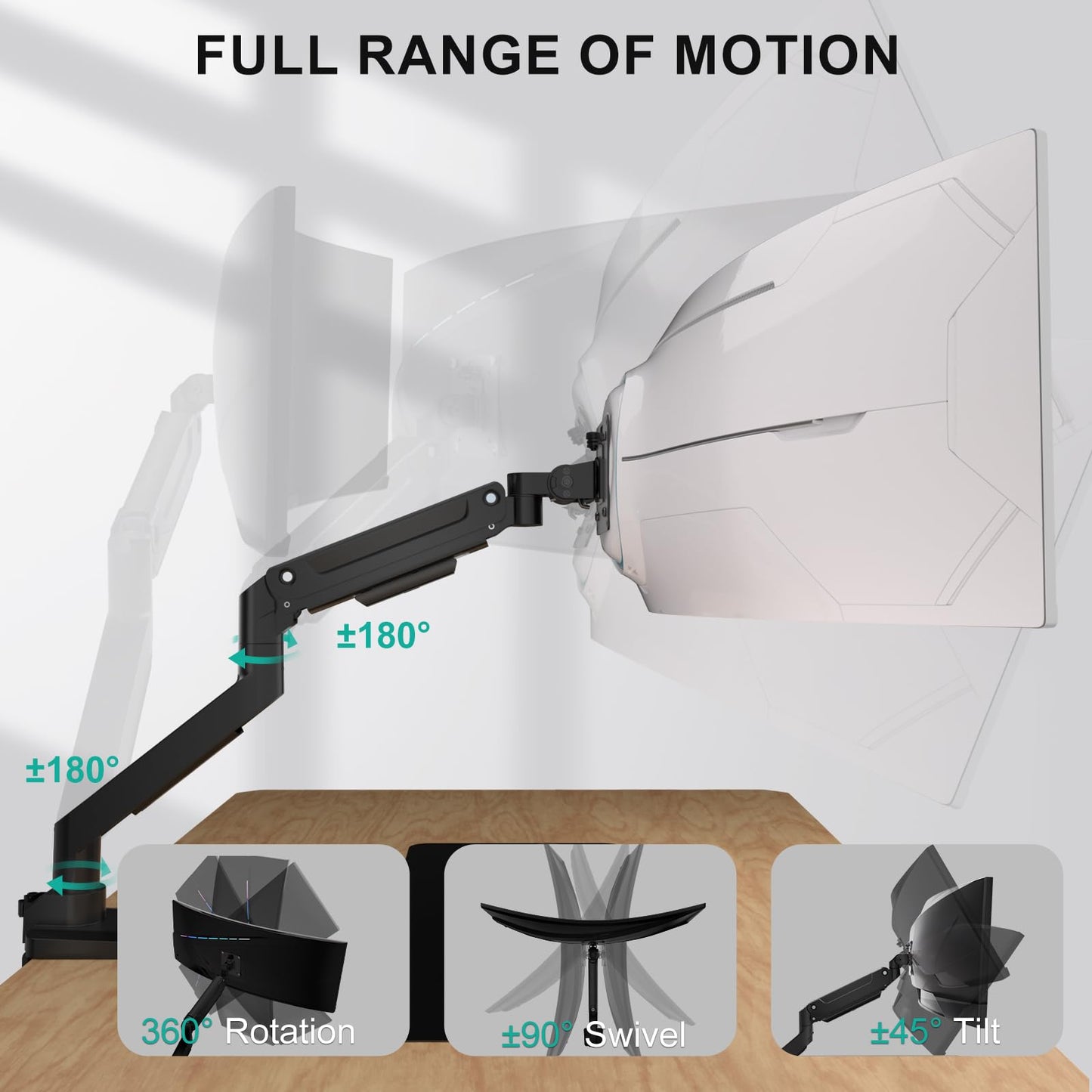 WALI Ultrawide Monitor Arm for 17-49 Inch Heavy Duty Curved Screens, Holds up to 44 Lbs, Adjustable Gas Spring Single Monitor Desk Mount with C-Clamp, Grommet Base, 75/100mm VESA, (GSM001XL), Black