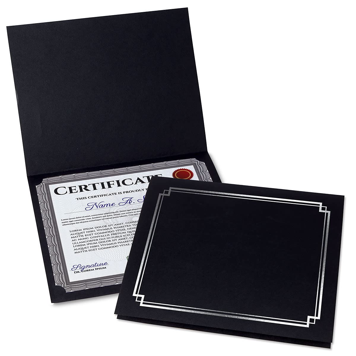 Classic Black and Silver Foil Certificate Folders - Pack of 50, Linen Cover 80 lb. Stock, Folded, Die-Cut Corners, for Office, Business Awards, Graduation, School Diploma Holder, 9-1/2" x 12"
