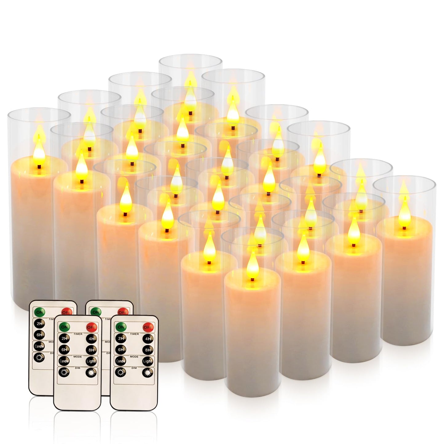 CAKETYCG 24 Pcs Acrylic LED Flameless Candles with 4 Remote,White,Flickering, Clear, Suitable for Wedding, Party, Home Decoration & Outdoor.