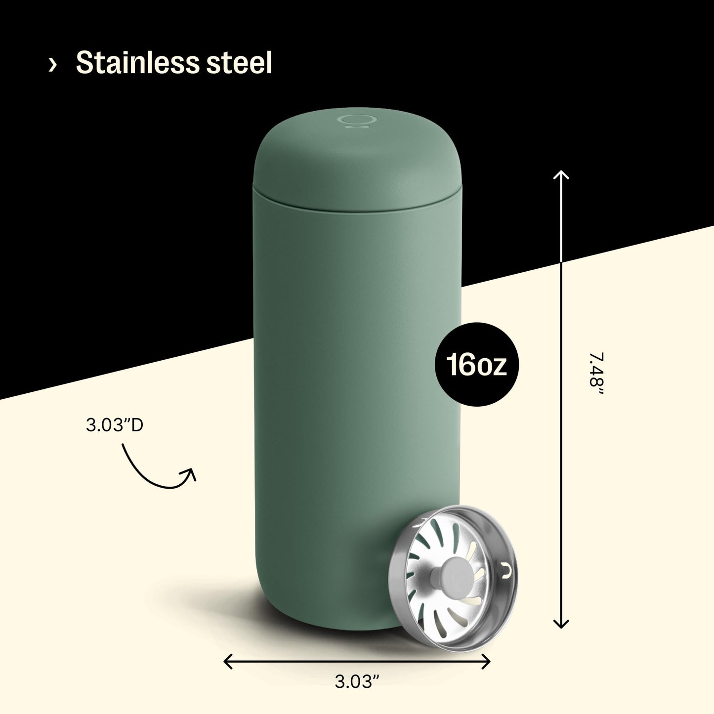 Fellow 16 oz Carter Move Travel Mug - Vacuum-Insulated Stainless Steel Travel Coffee Mug - Coffee Tumbler with Ceramic Interior and Splash Guard - Smoke Green