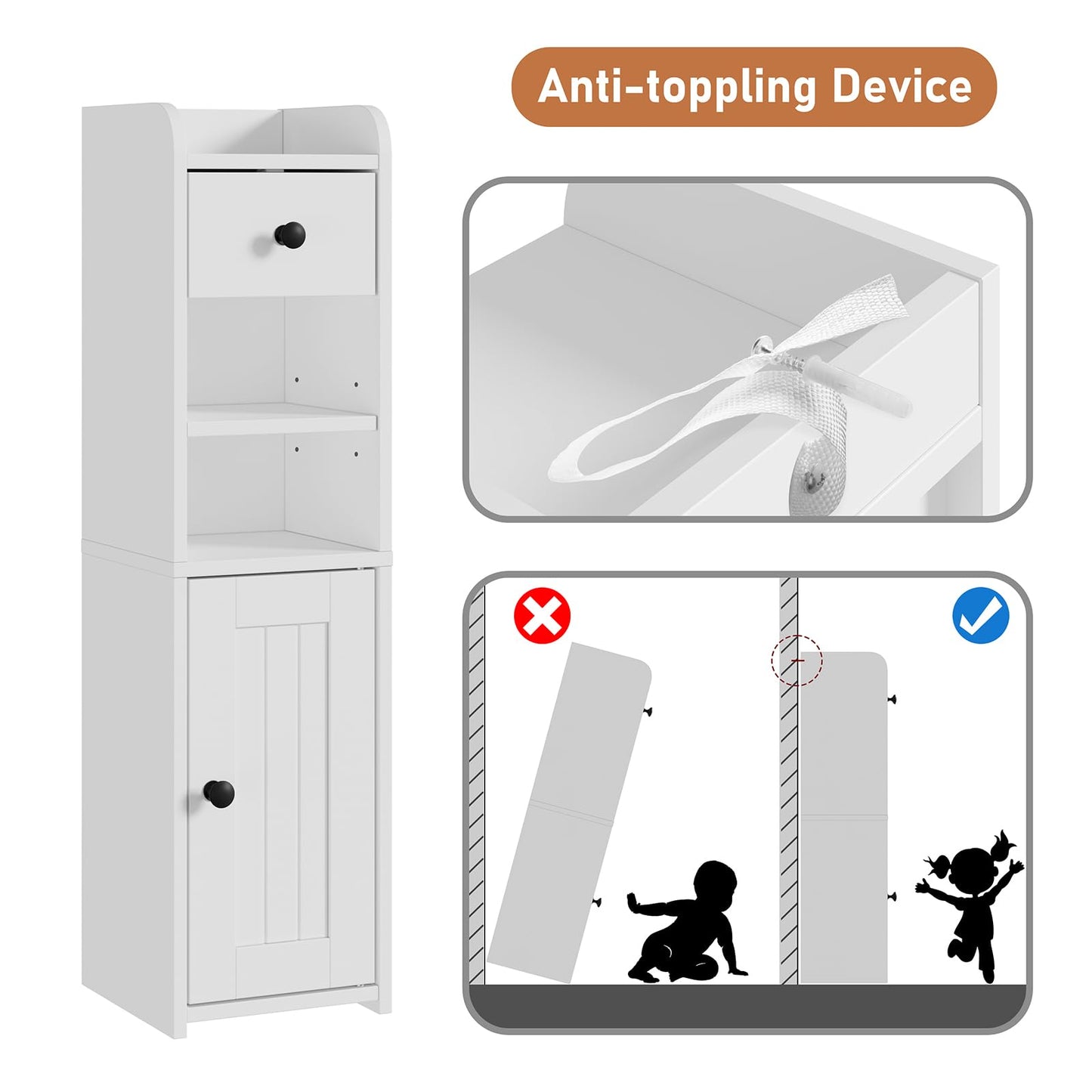 Lomojo Small Bathroom Storage Cabinet,Narrow Toilet Paper Holder,Corner Floor Cabinet with Doors and Drawer for Small Space,Adjustable Shelf Organizer,7.75L*7.75D*29.6H(White)