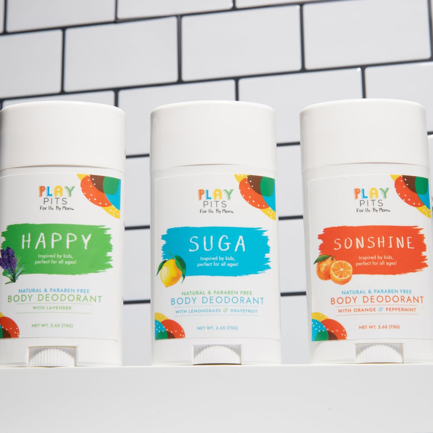 PLAY PITS - Natural Kids Whole Body Deodorant - Safe for Girls & Boys w/Sensitive Skin of All Ages - Clean & Paraben Free – SUGA, SONSHINE, & HAPPY - Infused w/Essential Oils – Variety 3 pack