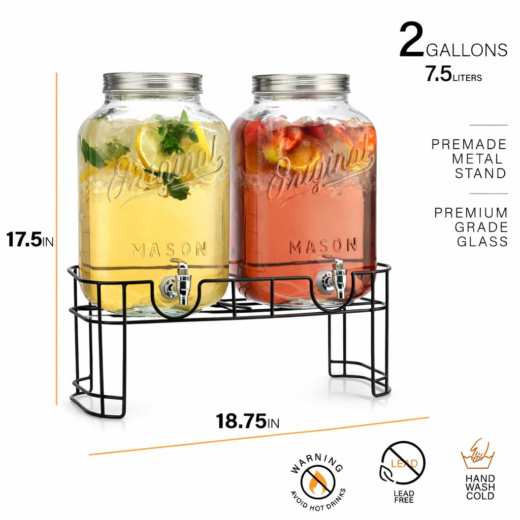 MosJos 2 GALLON Glass Drink Dispensers for Parties, 2 Pack Mason Jar Beverage Dispensers with Metal Stand, Glass Water Dispenser with Spigot, Laundry Detergent Dispenser