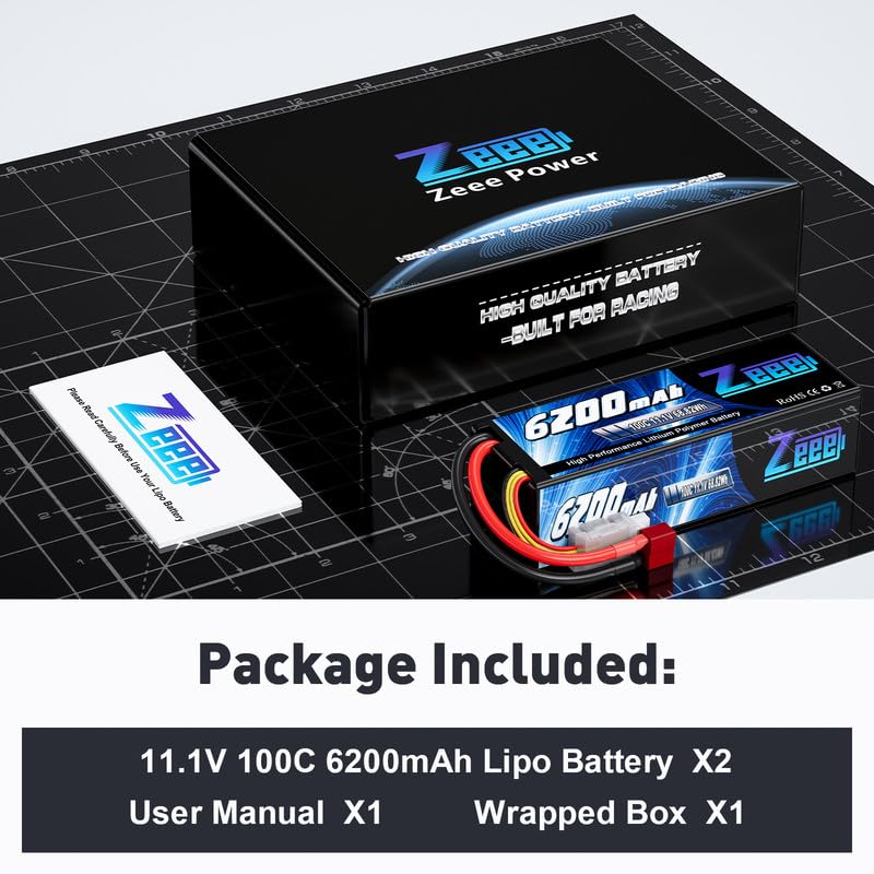 Zeee 3S Lipo Battery 6200mAh 11.1V 100C Hard Case RC Battery with T Connector for 1/8 1/10 Scale Vehicles RC Car Tank Trucks Boats(2 Pack)
