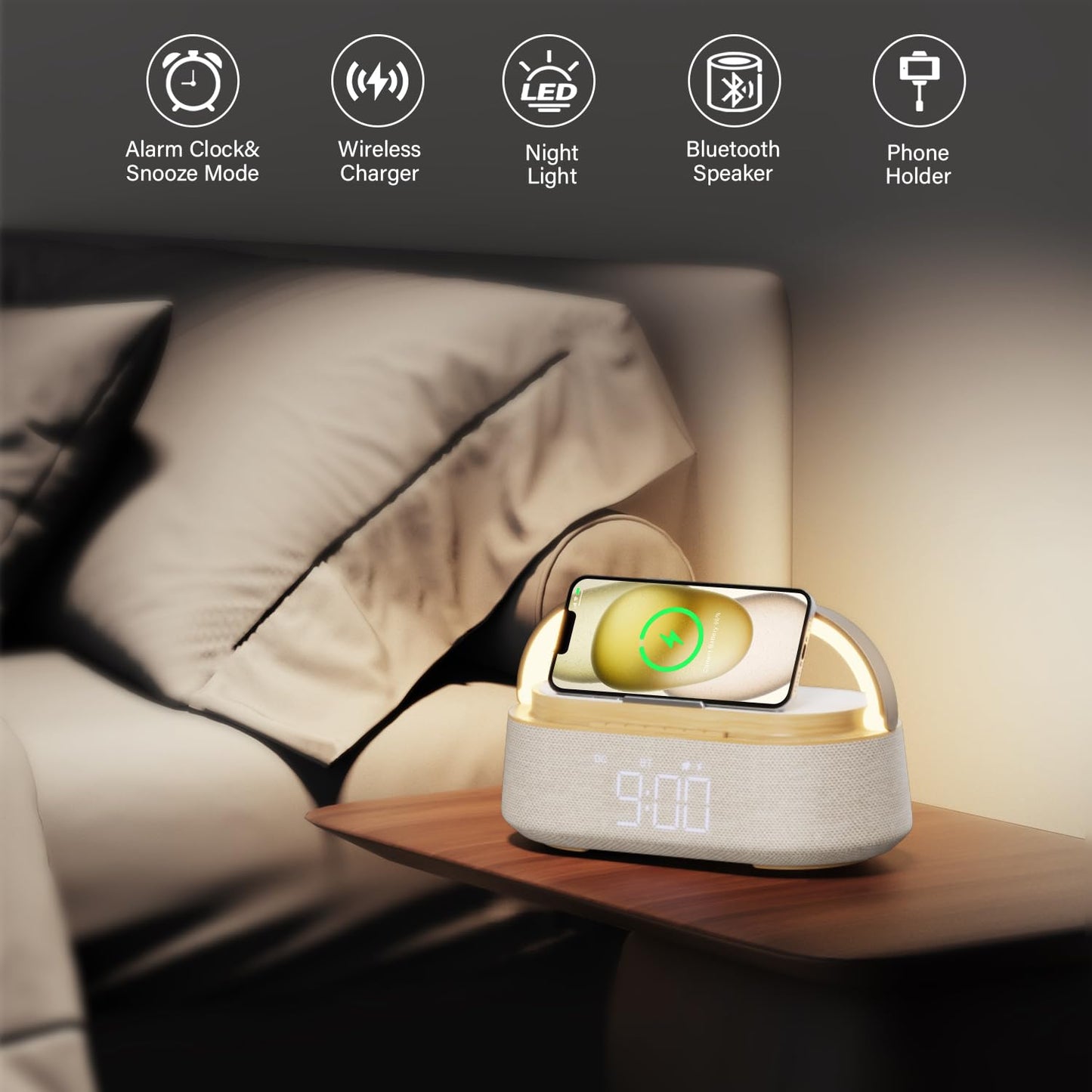 FREEFISH Bluetooth Speaker with Wireless Charger, FM Radio, Adjustable LED Night Light, Dual Wireless Speakers, Suitable for Home Decoration, Bedroom, Office, Gift（Wooden）