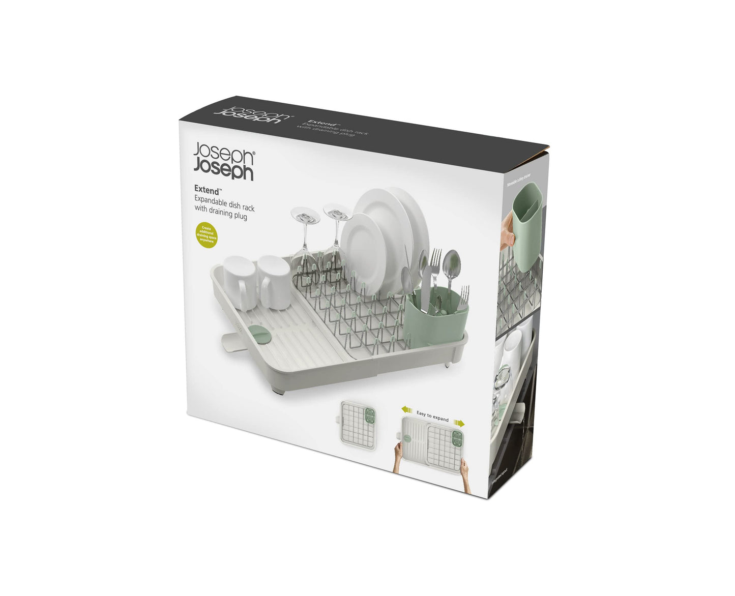 Joseph Joseph Extend Expandable Dish Drainer Rack with Removable Flatware Holder Swivel Draining Spout - Stone/Sage Green
