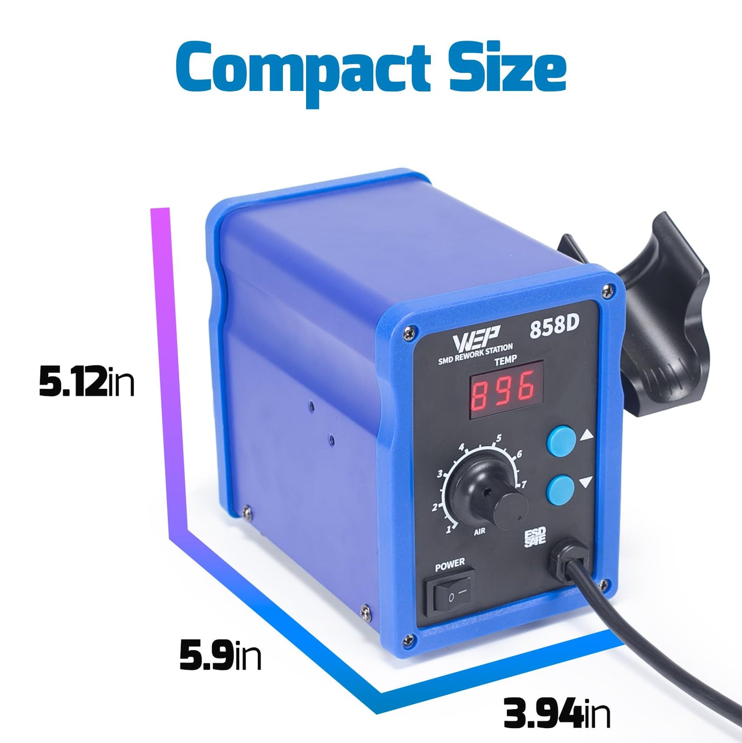 WEP 858D Hot Air Rework Soldering Station with Temperature Control, Adjustable Air Volume, Digital Display for SMD Soldering with 3 Extra Hot Air Nozzles