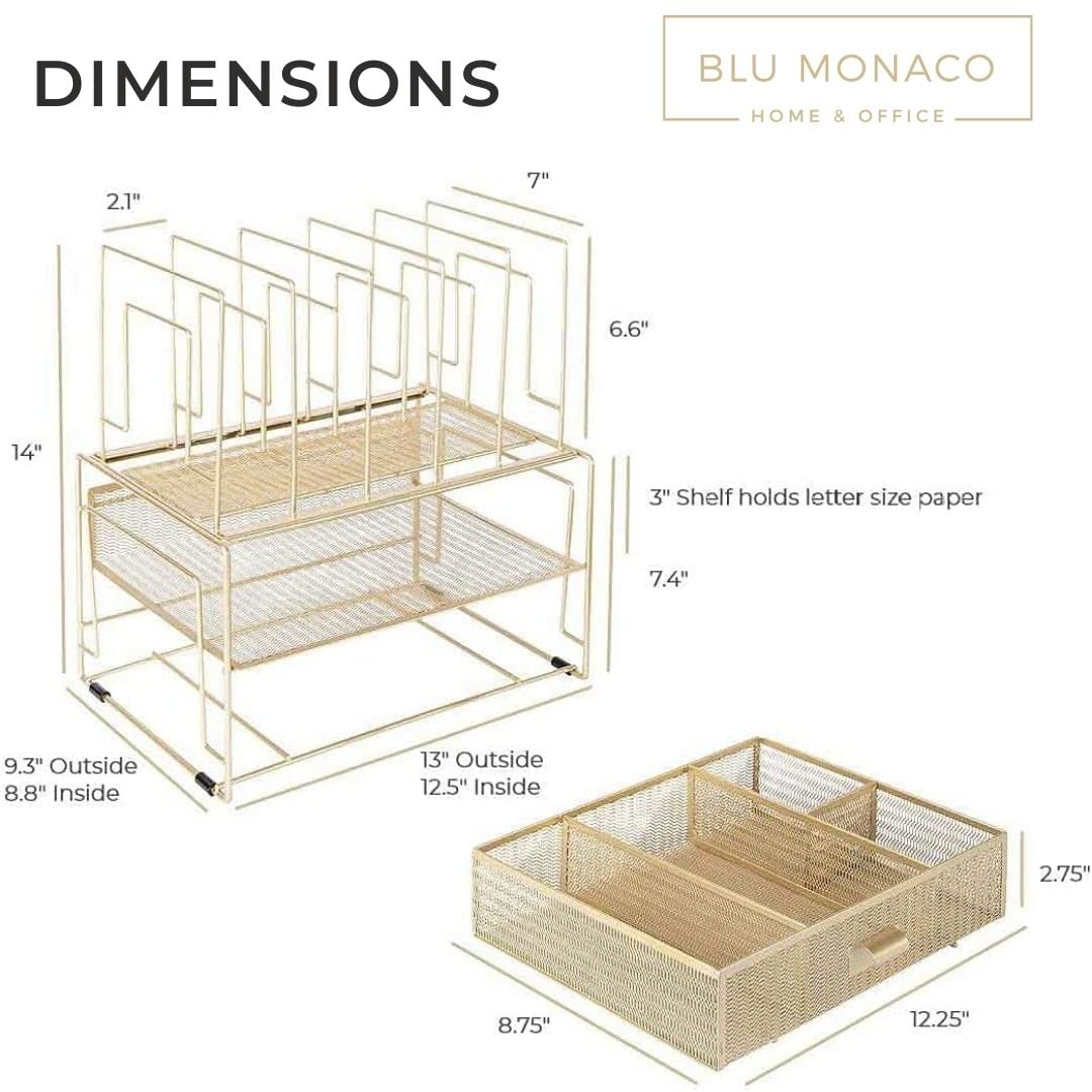 BLU MONACO Gold Workspace Desk Organizer and Accessories – Desktop Rack with File Sorters and Drawer for Office Supplies, Papers, Devices, and Folders