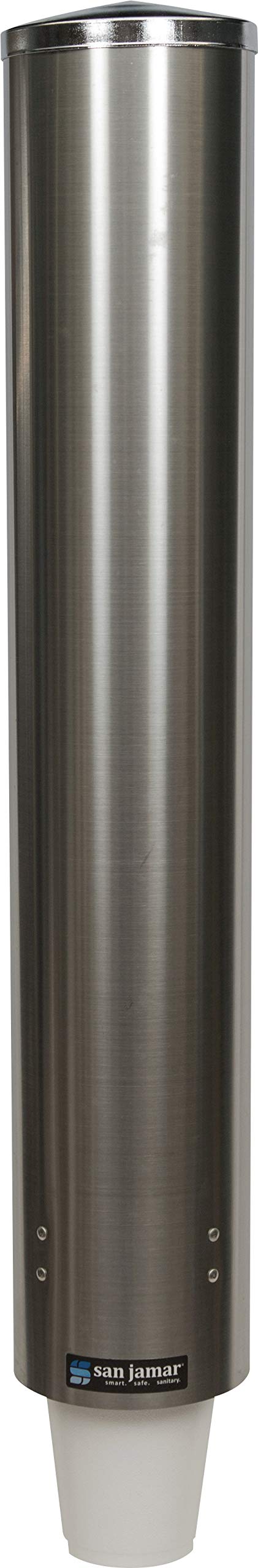 San Jamar Large Pull-Type Cup Dispenser Fits 12 - 24 Oz. Cups with Flip Cap for Restaurants, Dining Halls, and Fast Food, Stainless Steel, 23.5 Inches, Silver