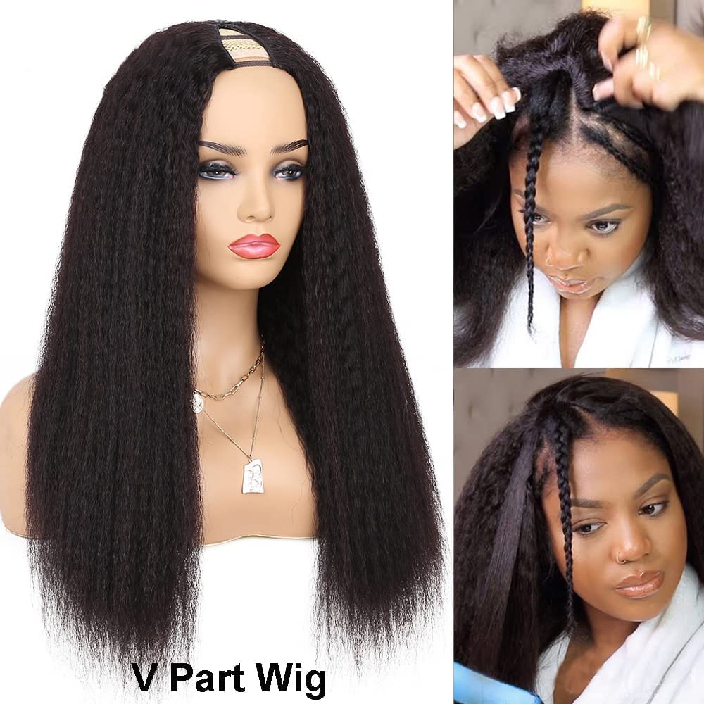 OLFORY V Part Wig Human Hair Wigs for Black Women Kinky Straight V Part Wig 12A Virgin Hair Half Wigs for Women No Lace Upgrade U Part Human Hair Wigs Full Head Clip in Half Wig V Shape Wigs (14inch)