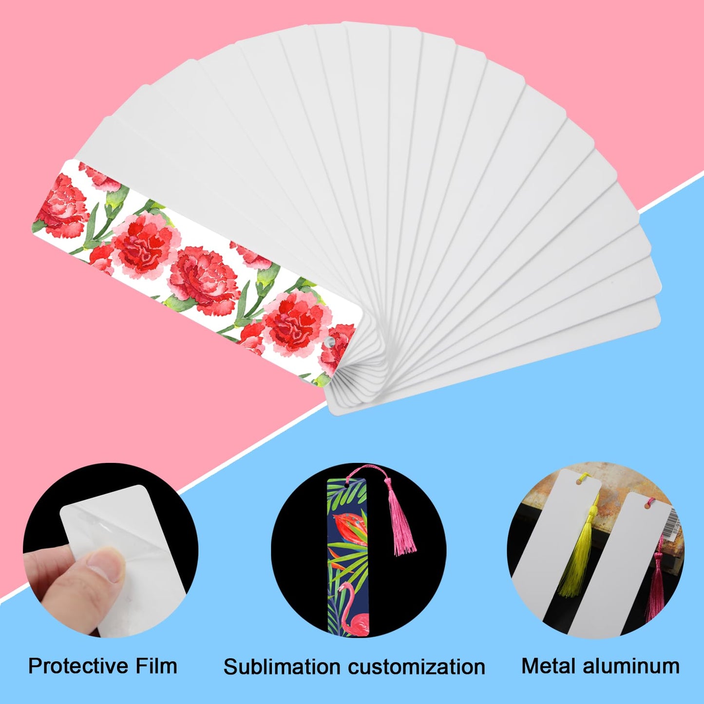 60 Pcs Sublimation Bookmark Blank 5.9"X1.5" X0.65mm Heat Transfer Aluminum Metal Bookmarks Bulk DIY Bookmarks with Hole and Colorful Tassels for Crafts,Personalized Tassels Blank Bookmarks