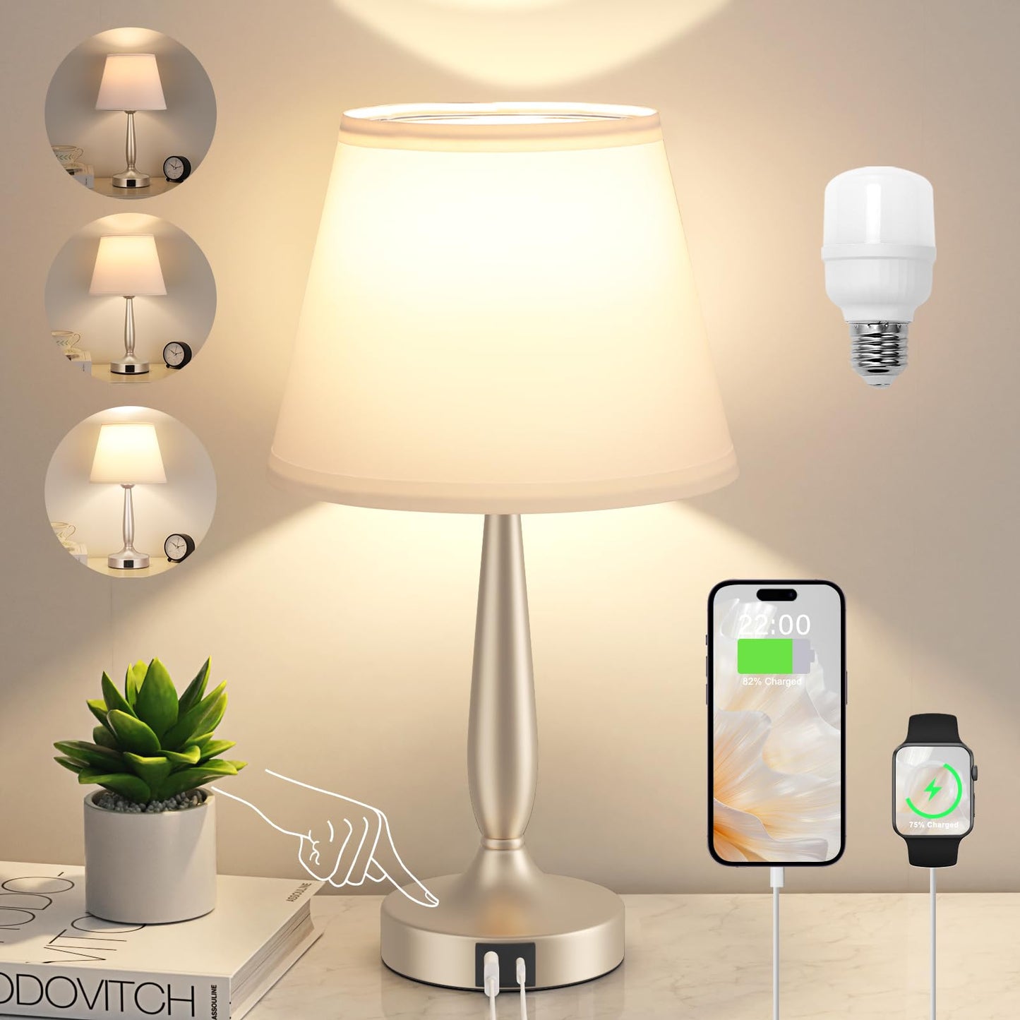 Kakanuo Touch Table Lamp for Bedroom, Small Bedside Lamp with USB C Charging Port, 3 Way Dimmable Touch Control Nightstand Lamp for Living Room, White Shade and Champagne Gold Base