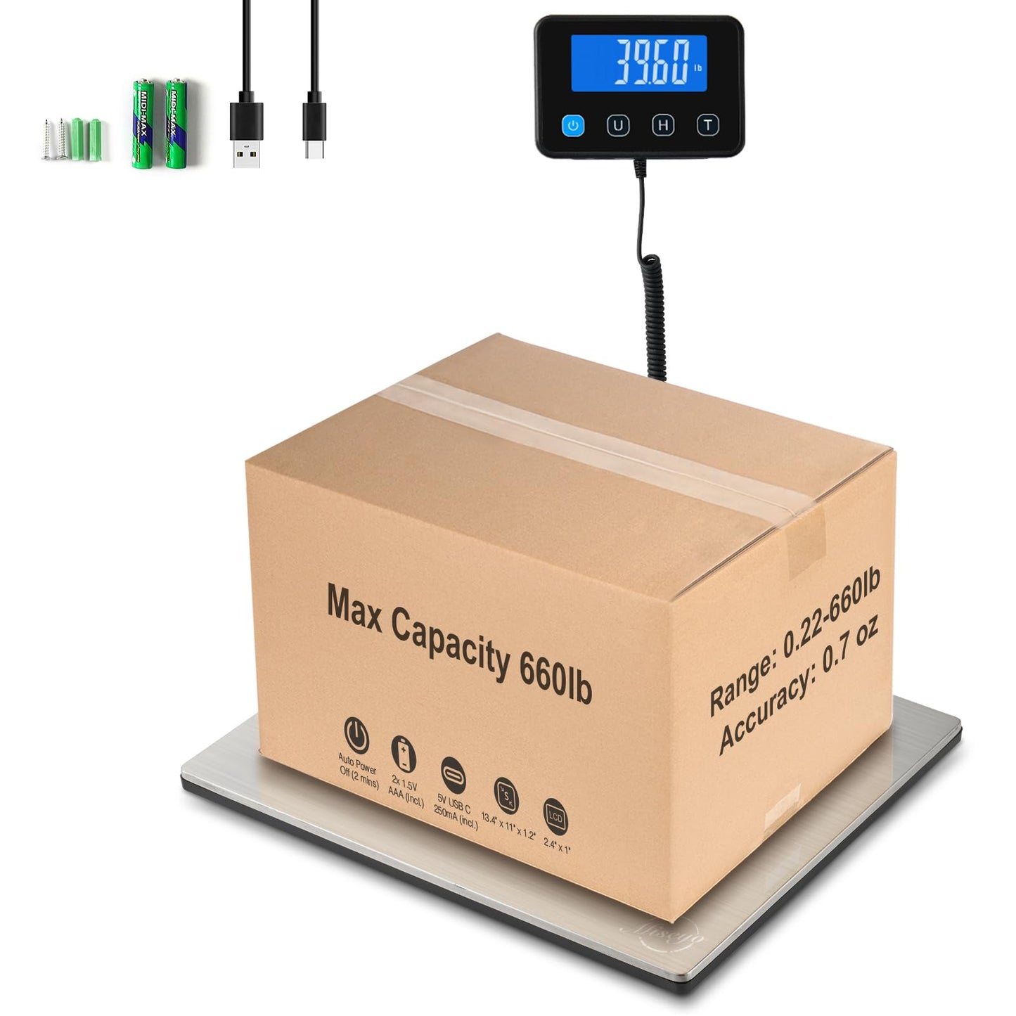 Miseyo 660lbs Heavy Duty Digital Shipping Scale - 0.7oz High Accurate Stainless Steel Postal Scale for Packages, Luggage, Small Business, Warehouse, Battery & Charging Cable Included