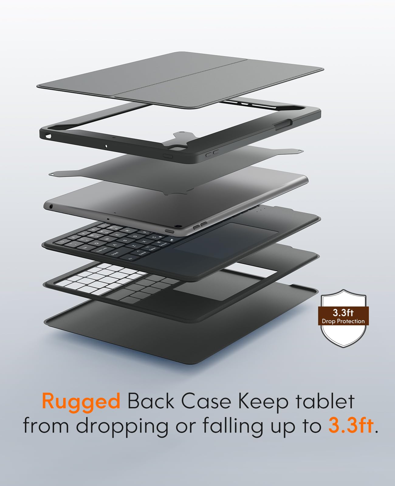 CHESONA Rugged Keyboard Case for iPad 9th 2022/8th/7th Generation, Magnetic Detachable Case, Premium Trackpad, 15°-180° Adjustable Stand, Portrait/Landscape Backlit Keyboard for iPad 10.2-inch, Gray