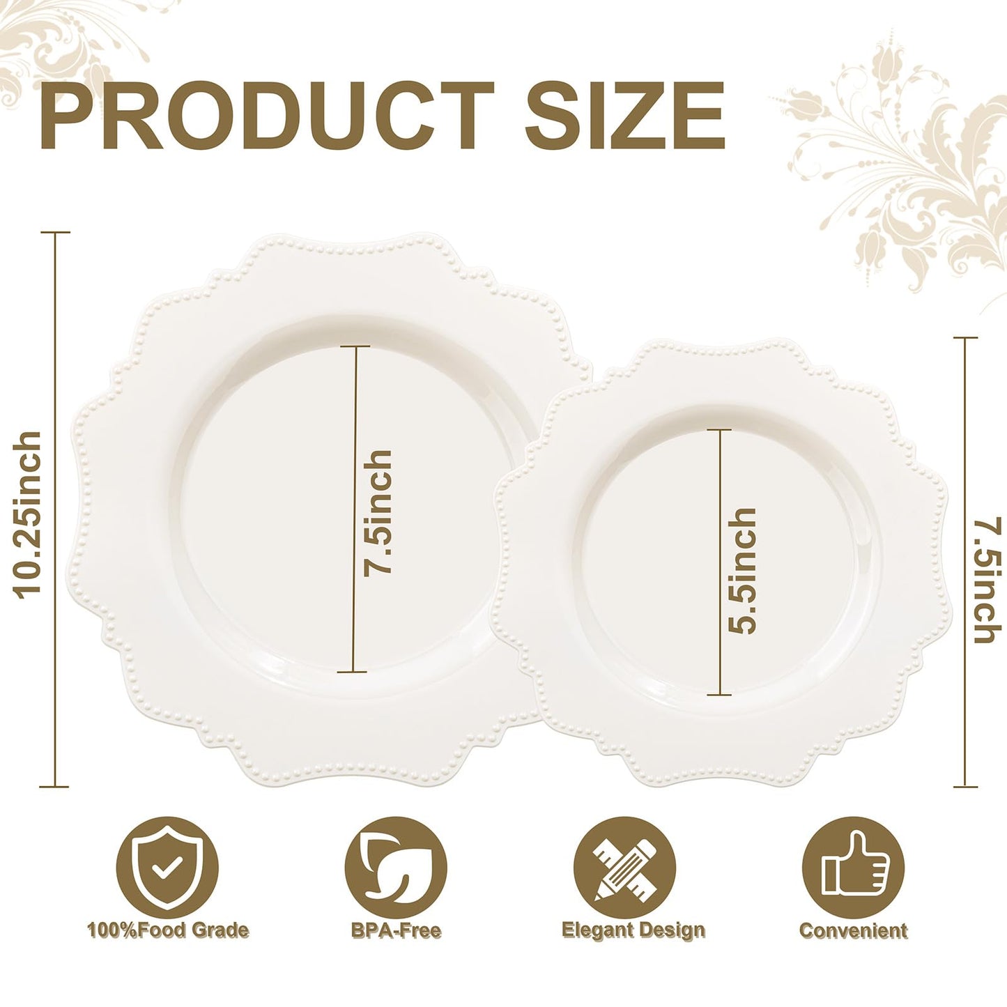 COLOSUS 60pcs Ivory Plastic Plates -Elegant Plastic Plates,Heavy Duty Cream Disposable Plates for Party Include 30 pcs Dinner Plate and 30 pcs Dessert Plate for Wedding/birthday/baby shower