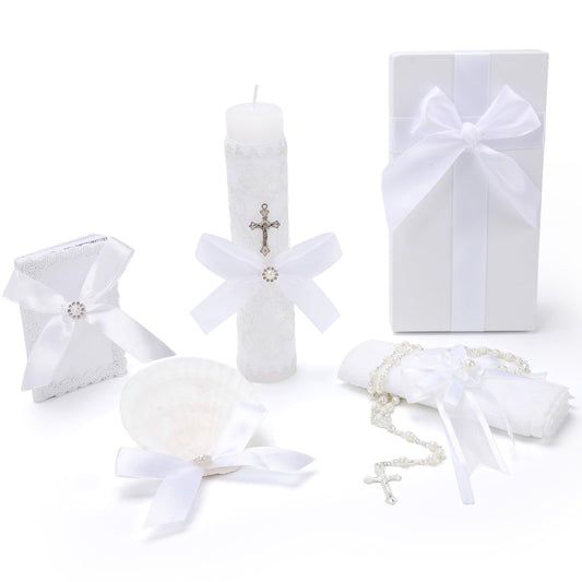 Baptism Candle Set for Boys and Girls,White 5 PCS Baptism Kit Catholic Candle,Baptismal Towel,Shell,Rosary,Bible for Baptismal Christening First Communion Gift,Velas para Bautizo De Niño o Niña