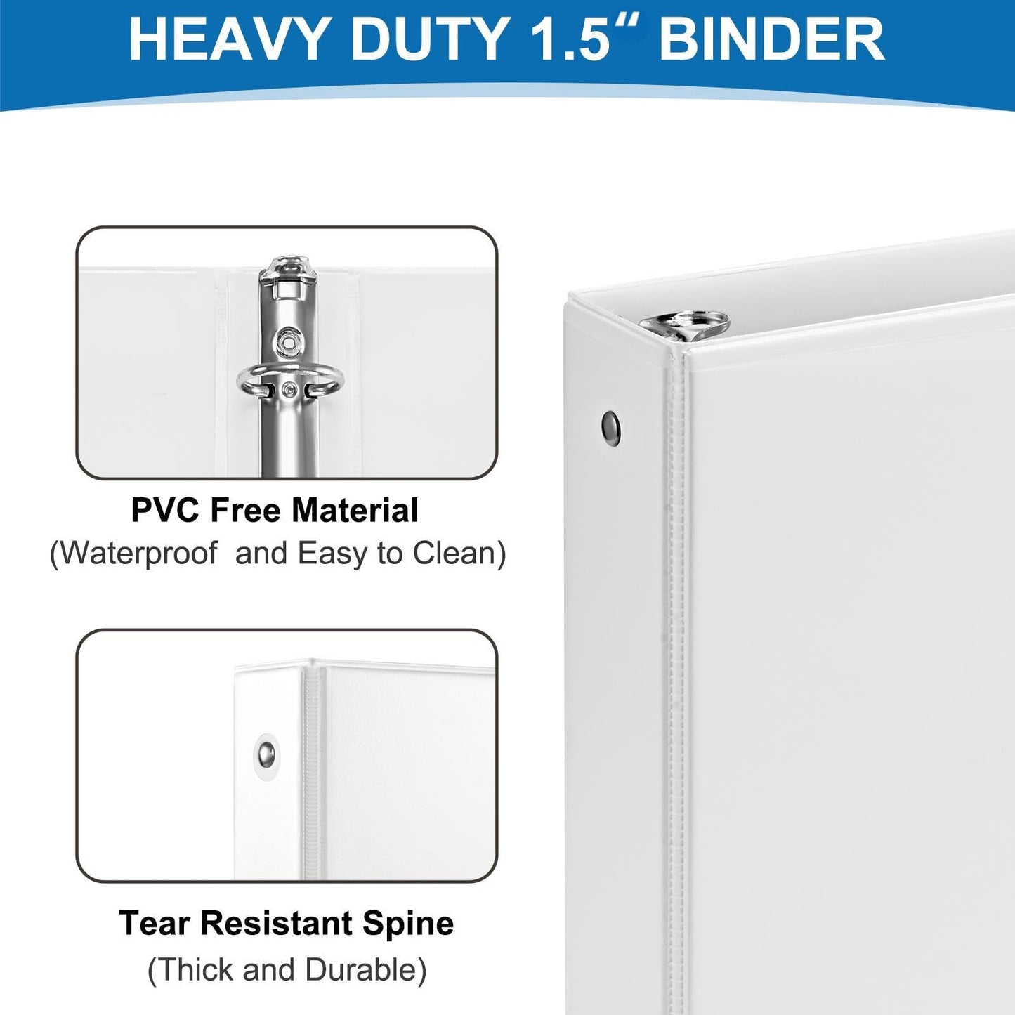 SUQJOY 1.5-Inch 3-Ring Binder with Pockets, 1-1/2’’ Clear View Binders,PVC Free, White Binder Holds up to 325 Sheets US Letter Size, Perfect for School,Office and Home(6 Pack)