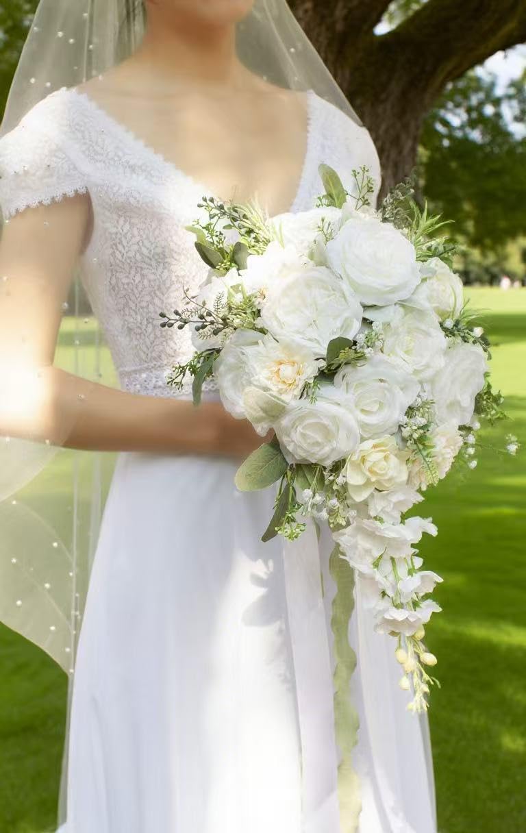 Floinla 12 Inch Cascade Wedding Bouquets for Bride, Ivory & Champagne Cascading Bridal Bouquet for Wedding Silk Artificial Flowers