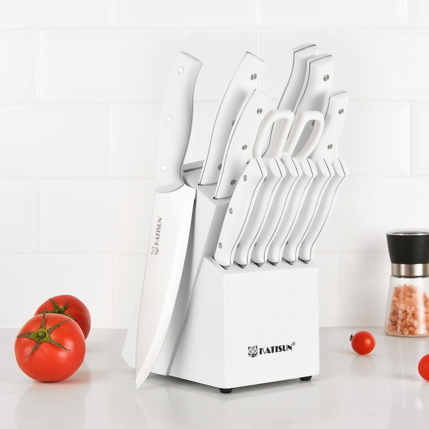 KATISUN 15-Piece White Kitchen Knife Set with Built-in Sharpening Stone, Ergonomic Triple Rivet Fixed Handles, Dishwasher Safe