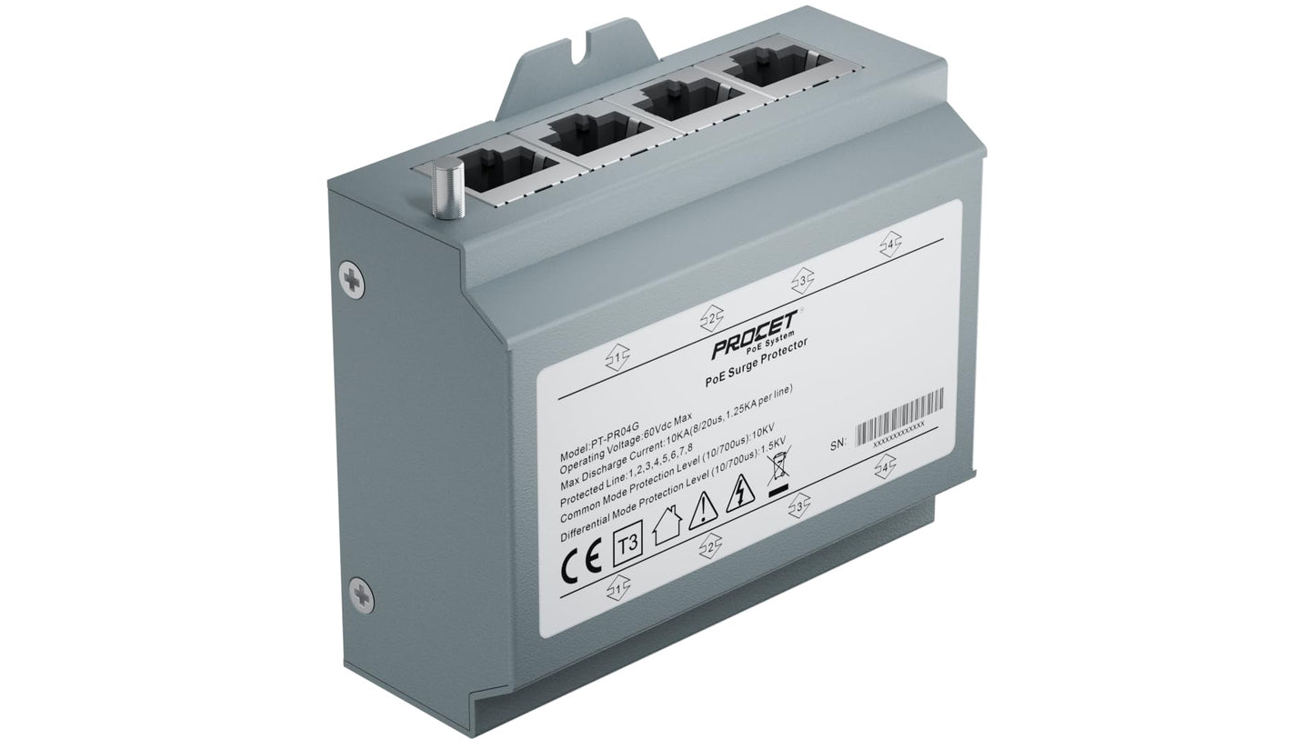 PROCET Ethernet Surge Protector Gigabit - 4 Pairs Port 20KV Industrial Lightning Arrestor for -40°F to 185°F, 120W/port PoE++ RJ45 Surge Protector, 10/100/1000Mbps, Gas Discharge Tube（GDT）, PT-PR04G