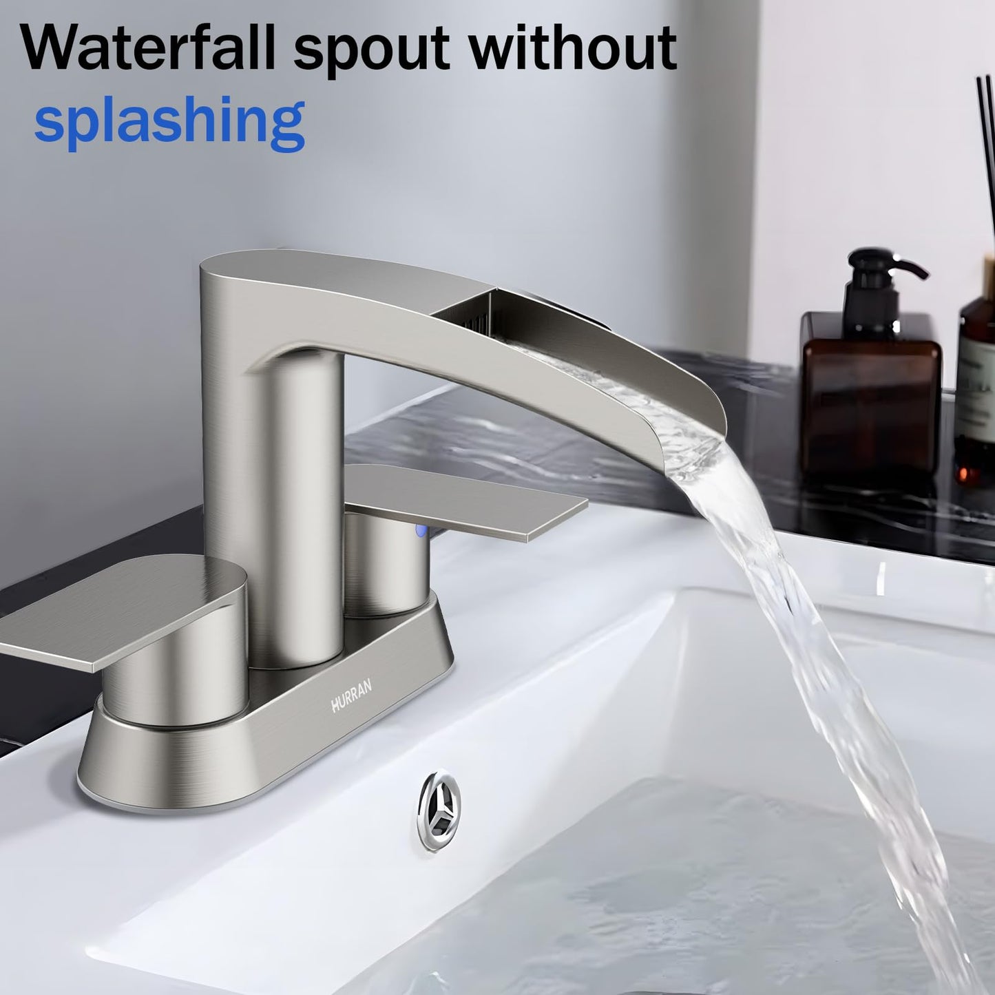 Bathroom Sink Faucet for 3 Hole, Hurran 4 Inch Bathroom Faucets with Pop-up Drain, Stainless Steel 2-Handle Waterfall Faucet for Sink, Brushed Nickel