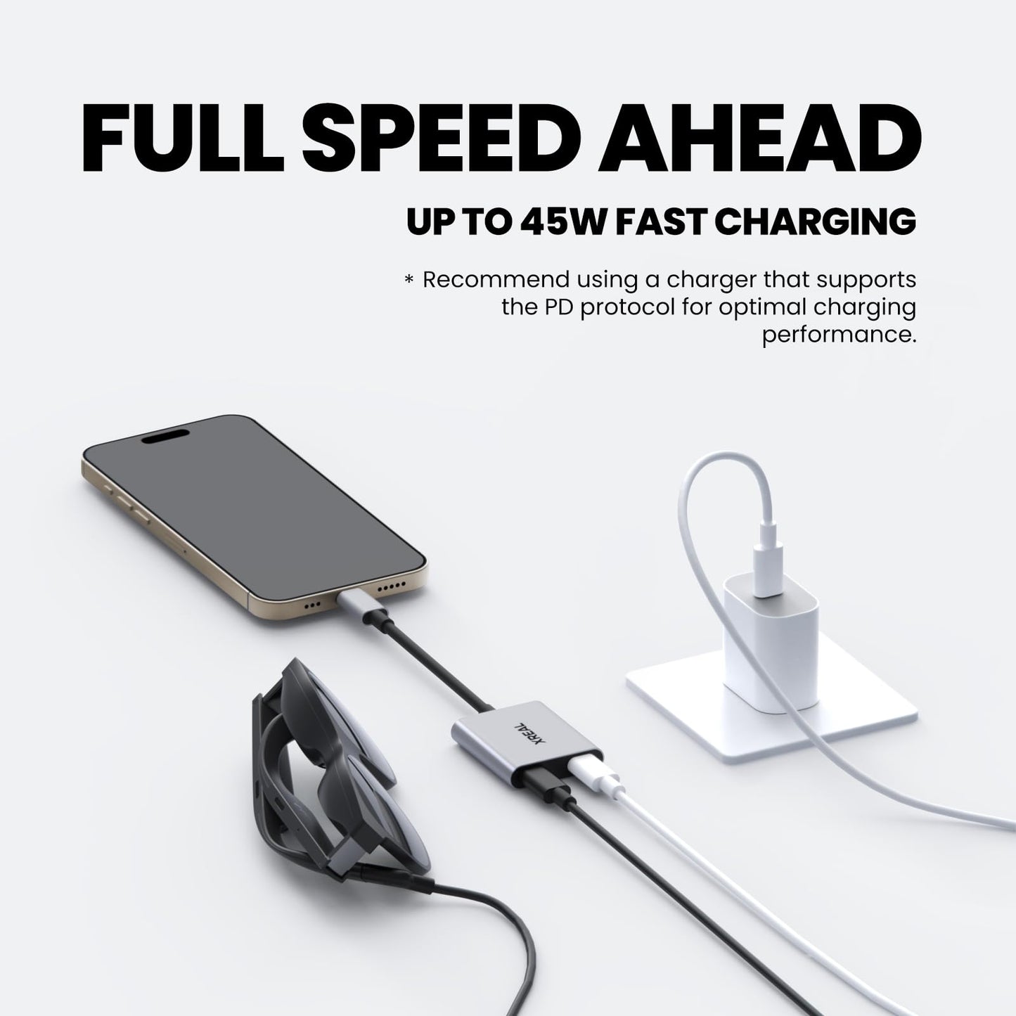 XREAL Hub, Power and Play Adapter, Power Your AR Glasses While Charging Your Source Device, Like Steam Deck, ROG Ally, Switch, iPhone 15 or Android Phone, Support 45W Fast Charging and 120Hz