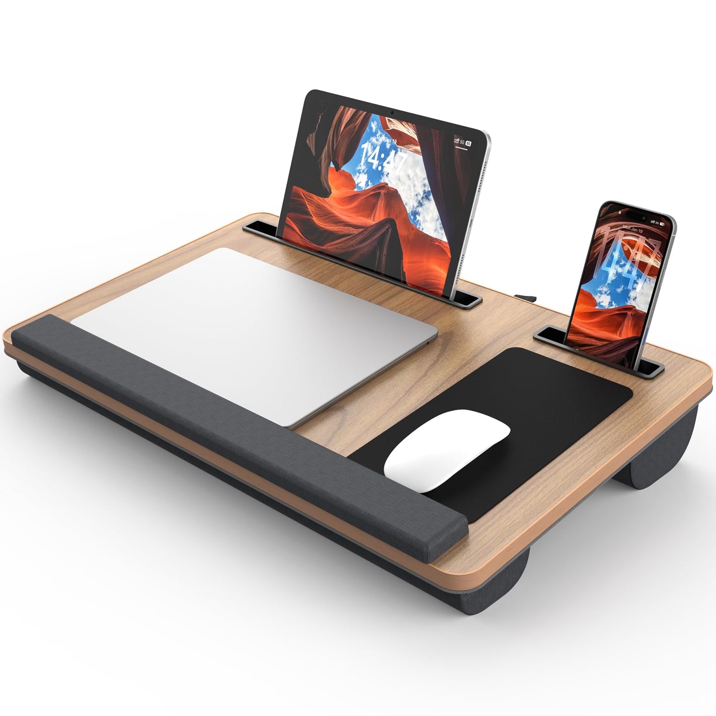 Potuopy Lap Desk - Up to 17” Laptop with Wrist Rest, Portable Handle, 2 Self-Adhesive PVC Mouse Pads, Tablet & Phone Slots, Laptop Stand for Bed with Cushion (Dark Brown Woodgrain)