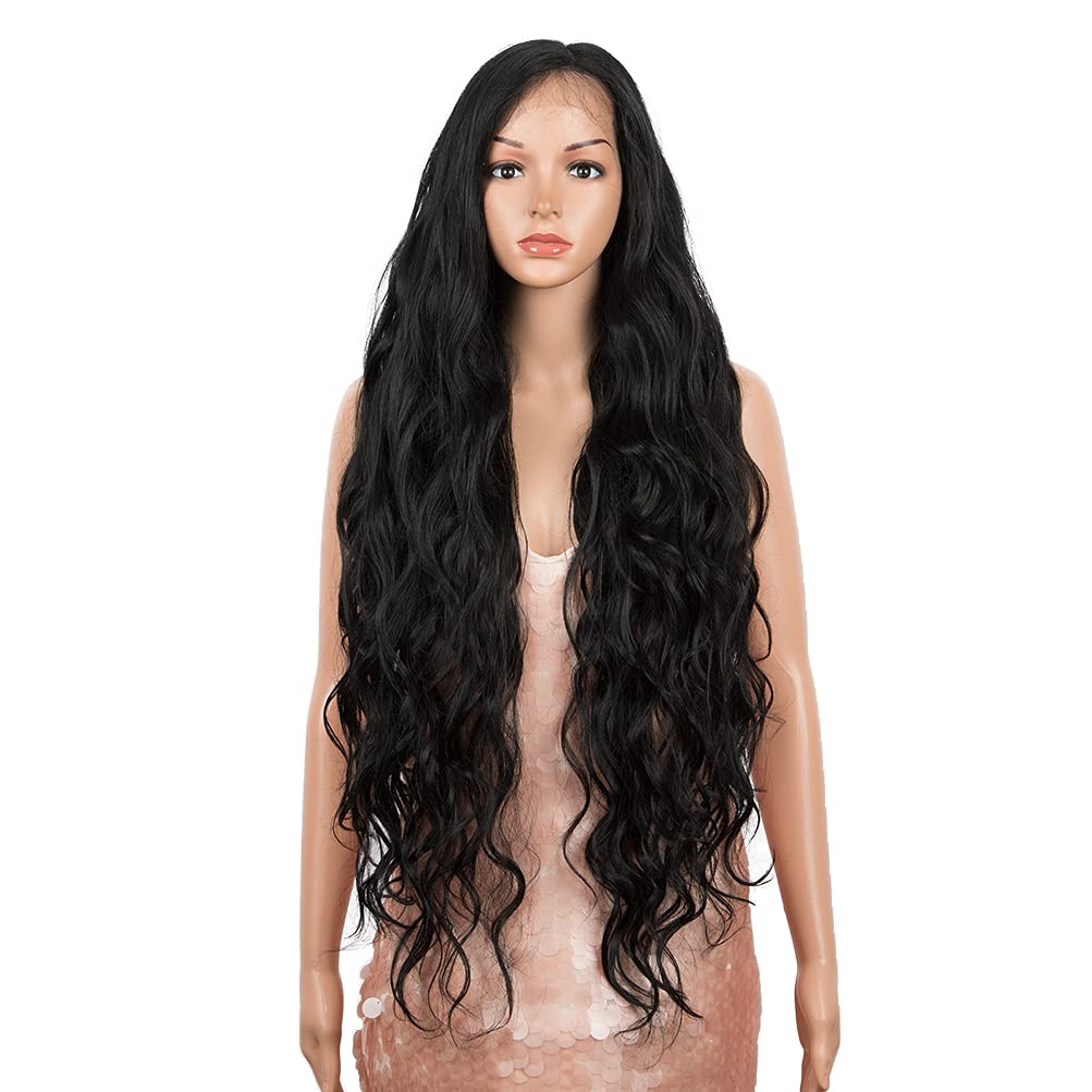 Style Icon Easy-360 Lace Wigs 36" Free Part Lace Frontal Wigs Super Long Wavy Wig Synthetic Wig (36 Inches, 1B)