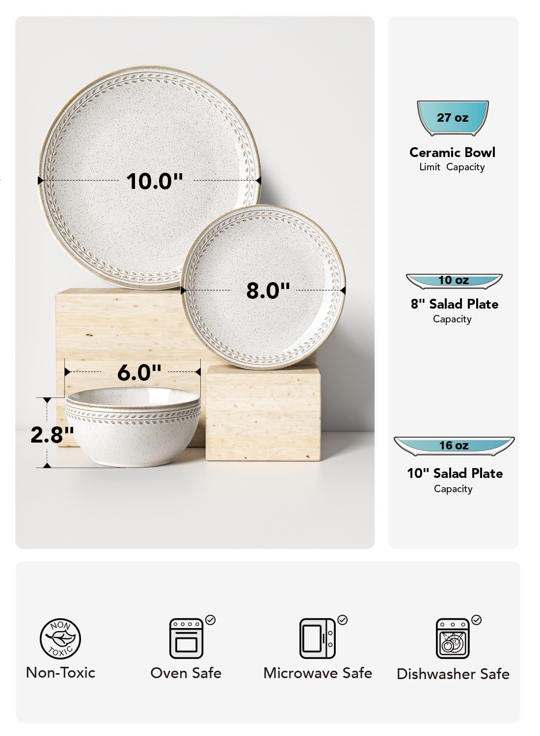 LE TAUCI Dinnerware Sets for 4, 12 Piece Ceramic Dish Set with Plates and Bowls | Oven/Dishwasher/Microwave Safe | Ideal for Housewarming | Reactive Beige (10" Plate+8" Dish+27oz Bowl)