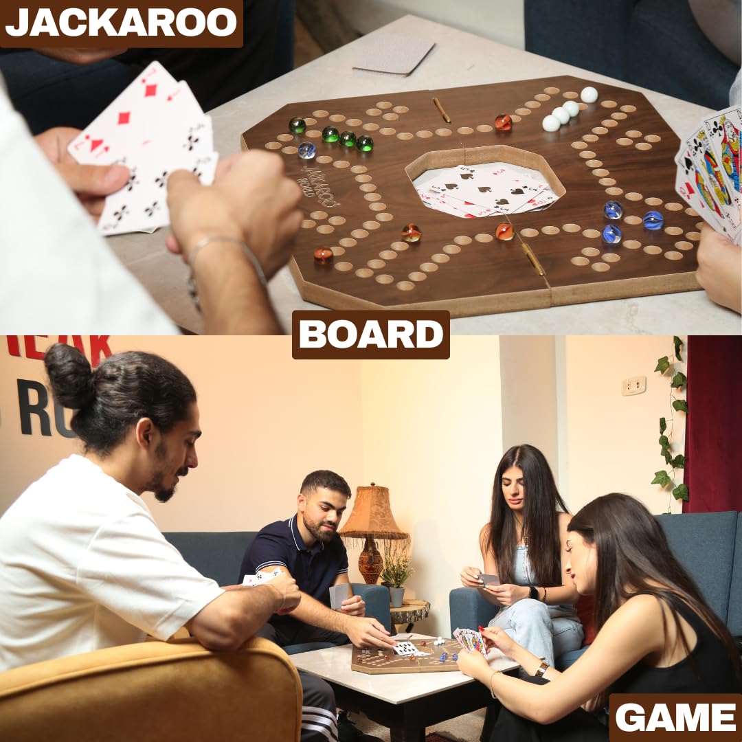 Jackaroo Board Game - 2-4 Player Cards and Marbles Board Game - Marble Chase Game - Carbles Game with Cards - Jokers and Marbles Game - Wahoo Wooden Board Foldable and Open in The Middle (Walnut)